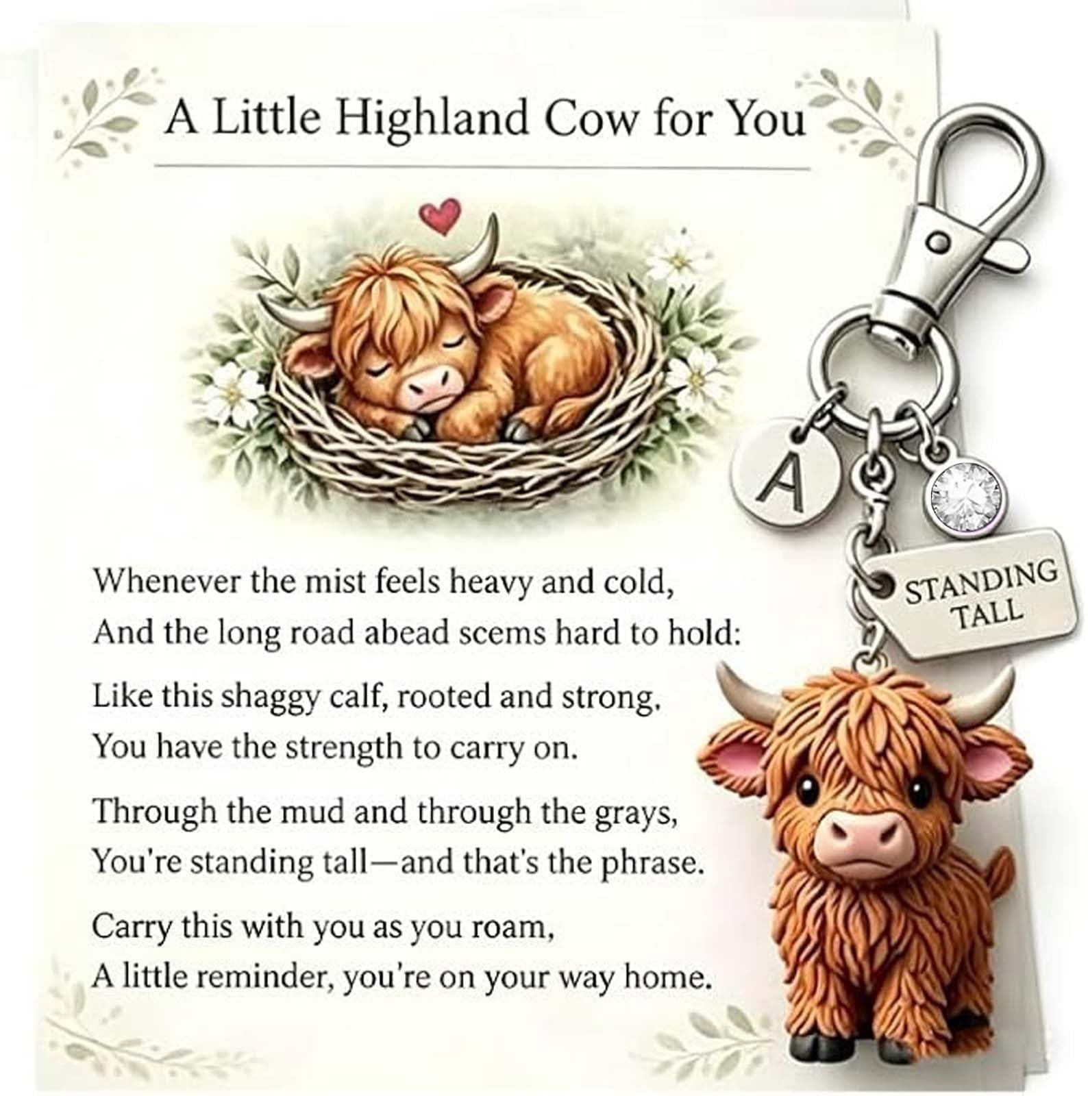 Géneric Unisex B Highland Cow Keychain, A Little Highland Cow For You Keychain: Your Daily Reminder Of Quiet Strength, Cute 3D Resin Tiny Cow Key Ring With Irthstone And Sentiment Card (,April)