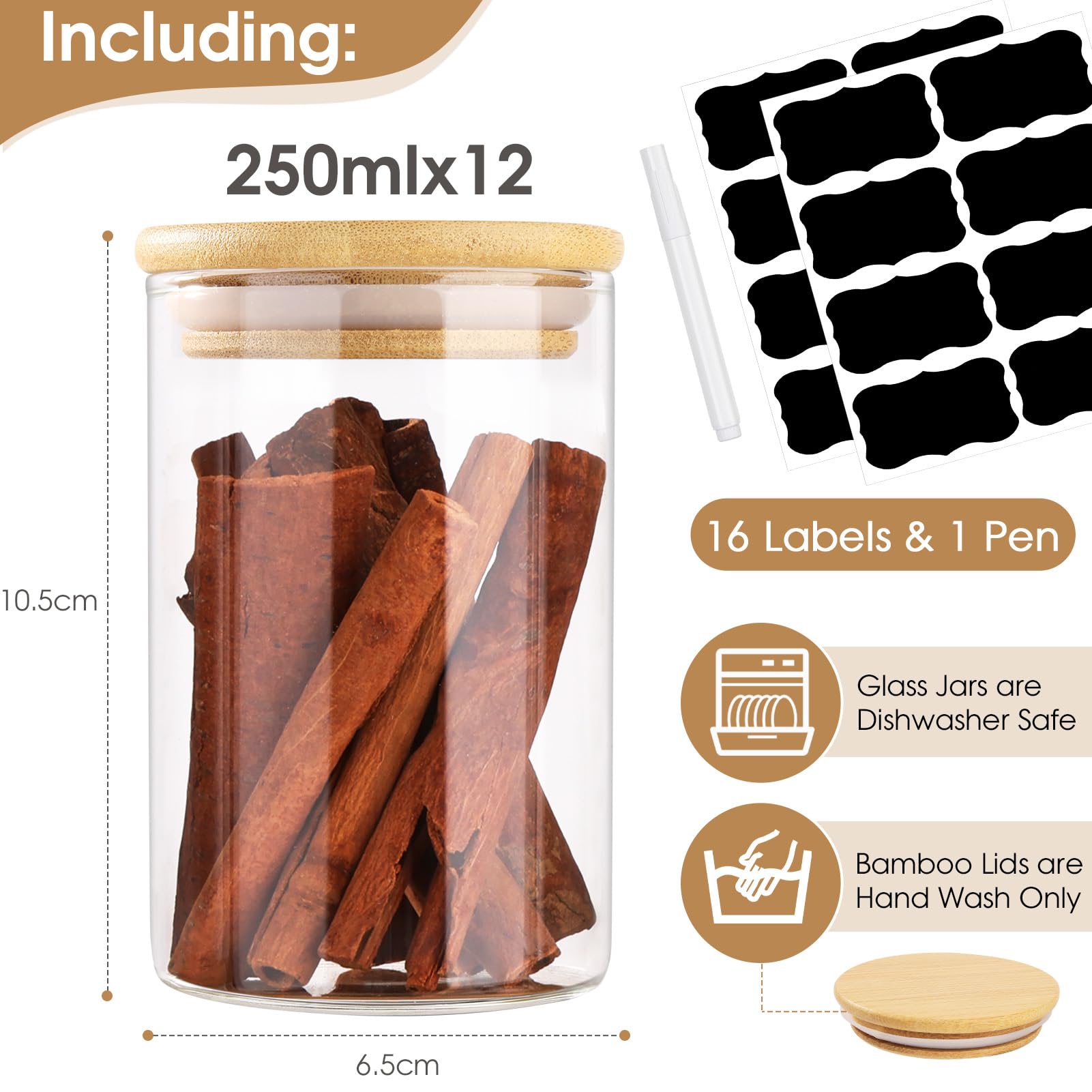 12 Pot a Epices Ronds, 250ml Bocaux à Épices en Verre et Bois, Bocaux en Verre Hermetique Récipient à épices, Boite Epices Cuisine Rangement, ⌀6,5cm x 10,5cm