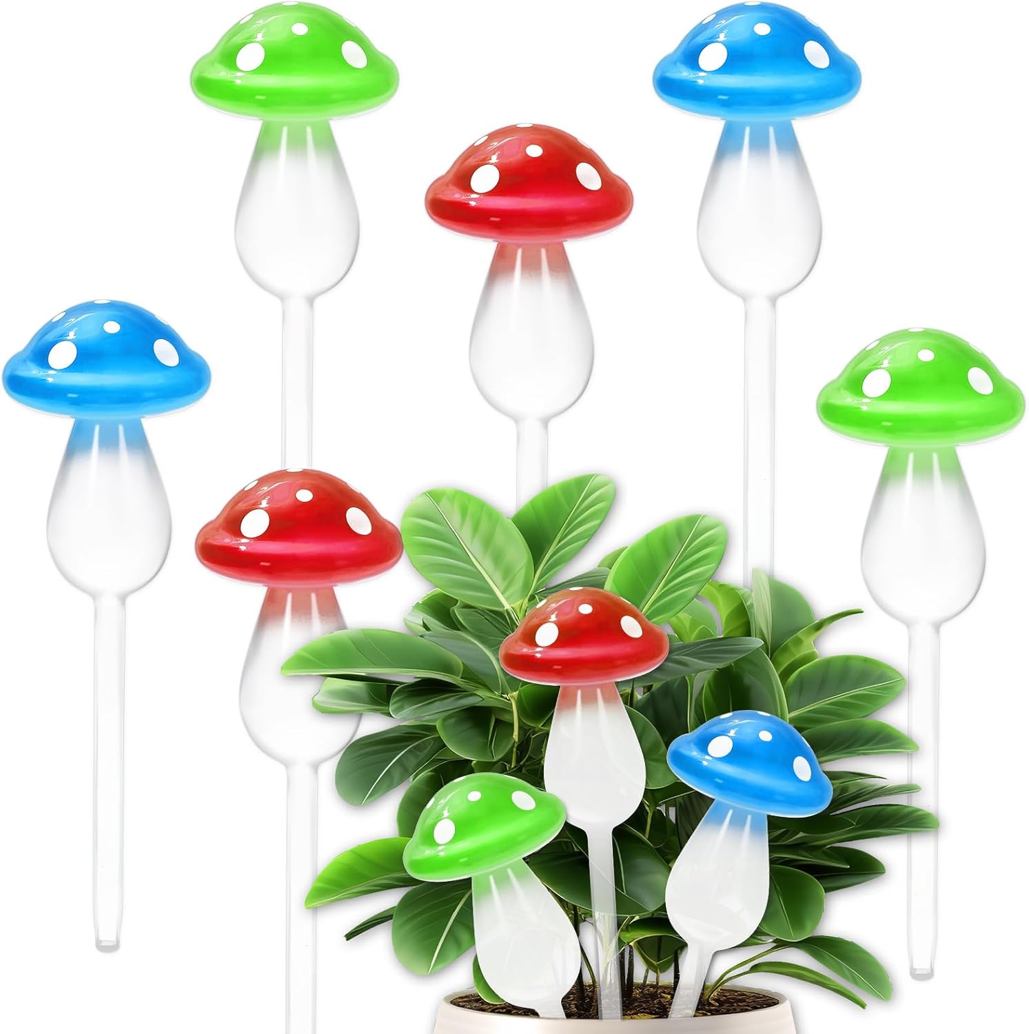 JarThenaAMCS 6Pcs Mushroom Glass Plant Watering Globes Planter Self Watering Devices Automatic Water Planter Insert for Indoor Outdoor Plant Flower (Red, Green, Blue)