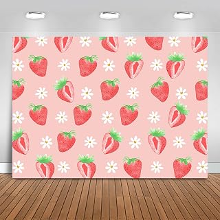 Fitumiw Strawberry Backdrop 7x5ft Sweet Pink Strawberry Baby Shower Birthday Background Party Decorations for Girl Strawberry Wall Paper Dessert Table Banner Photo Booth Props