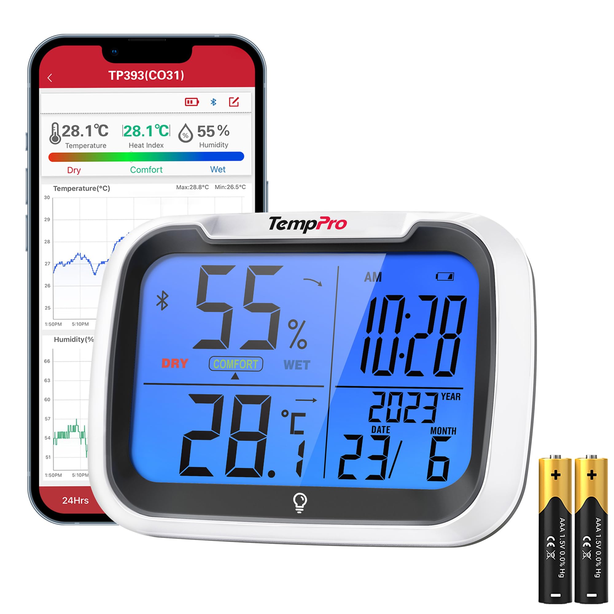 ThermoPro TP393B Ev için Dijital Oda Termometresi Nem Ölçer, Bluetooth üzerinden 80m Menzilli Otomatik Veri Senkronizasyonu, Saatli Higrometre