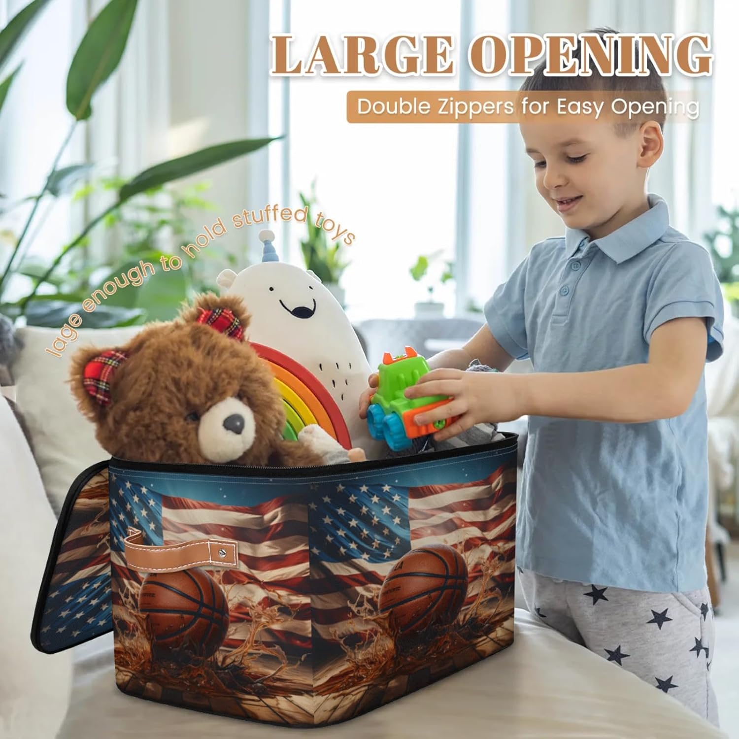 Storage Bin Set of 2 Flag Basketball Storage Basket with Zipper Lid & Handle Foldable Closet Shelf 2 Pack Cloth Organizer Basket Cube Bins Clothes Organizer for Nursery, Bedroom