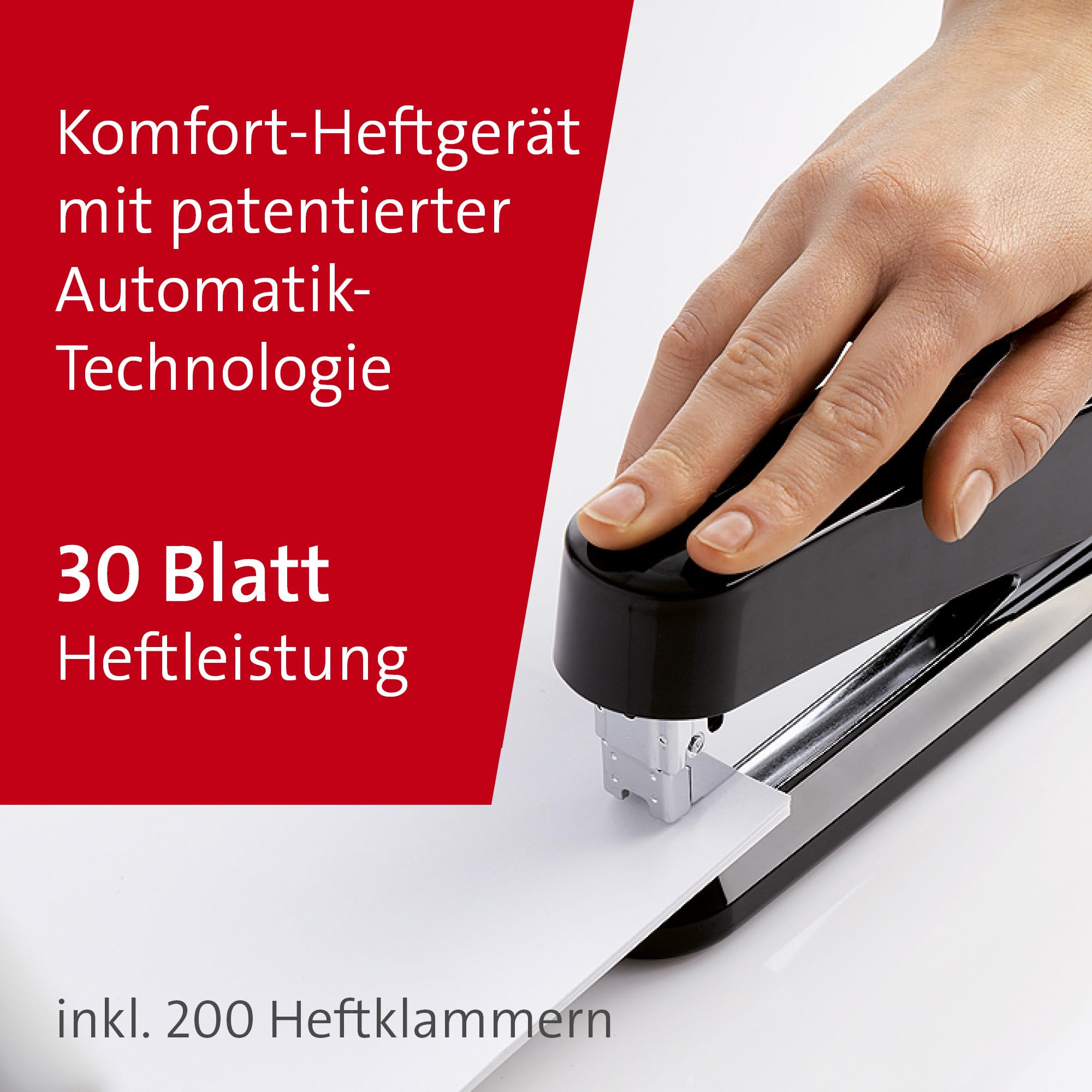 Novus B 7A Komfort Heftgerät (30 Blatt Heftleistung, Automatik-Funktion, inkl. 200 Klammern) schwarz glänzend