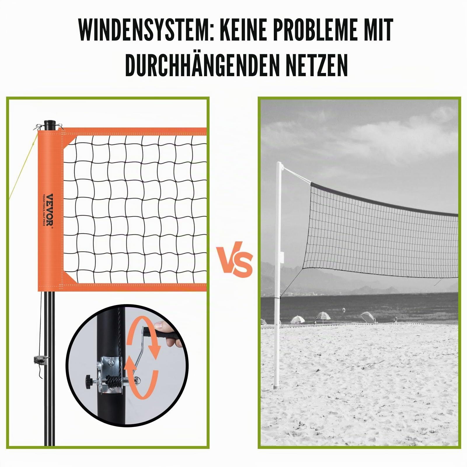 VEVOR Höhenverstellbares Volleyballnetz Set, 9,7 x 2,4 m Tragbarer Beachvolleyball-Netz, Orange Faltbar Mit Volleyball & Tragetasche, Für Garten, Strand