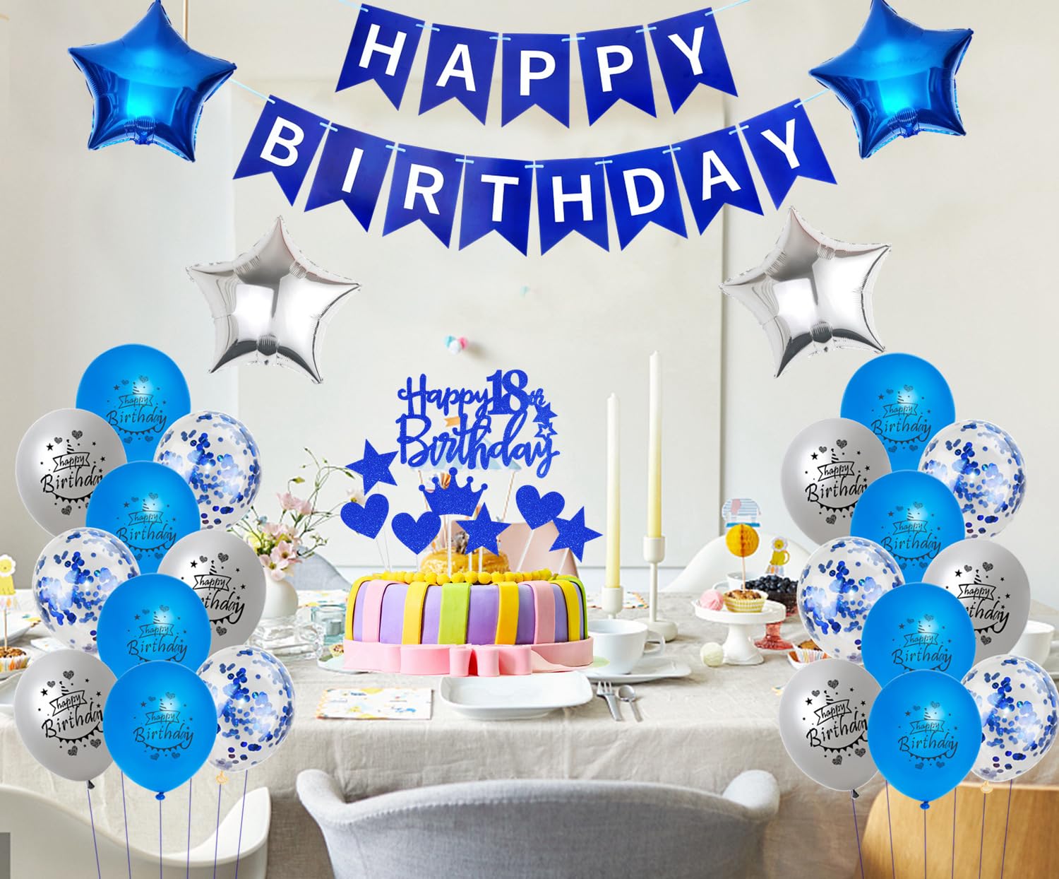 Set Decorazione Compleanno 90 Anni Uomo - Palloncini Blu, Striscione E Decorazioni Per Torta, Tema Blu