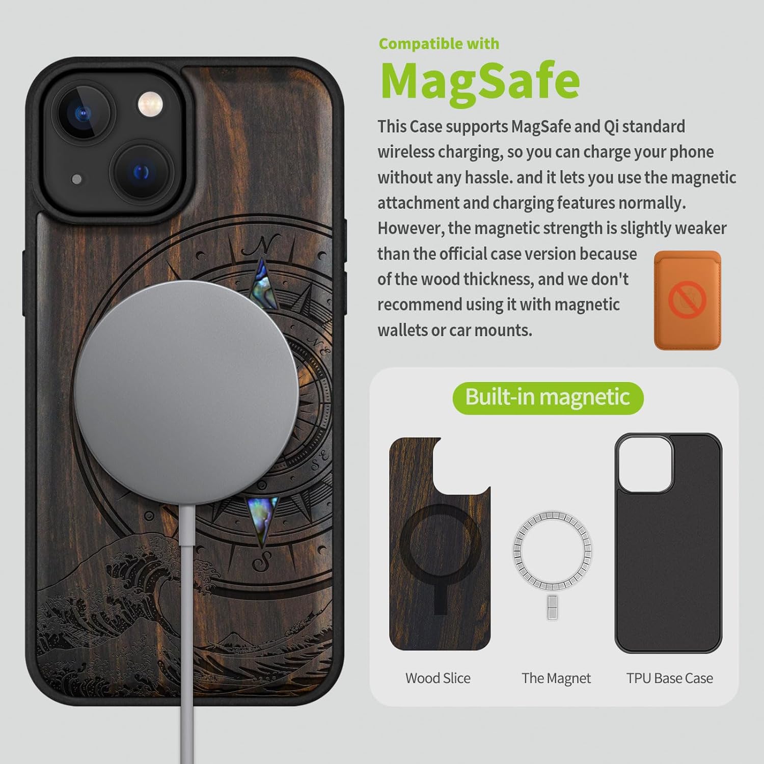 Carveit Wooden Case for iPhone 15 Magnetic Case, Compatible with MagSafe Wireless Chargers, Shockproof Cover, Handmade Shell Inlaid & Wood Artisan Engraved (Wave Compass) Blackwood