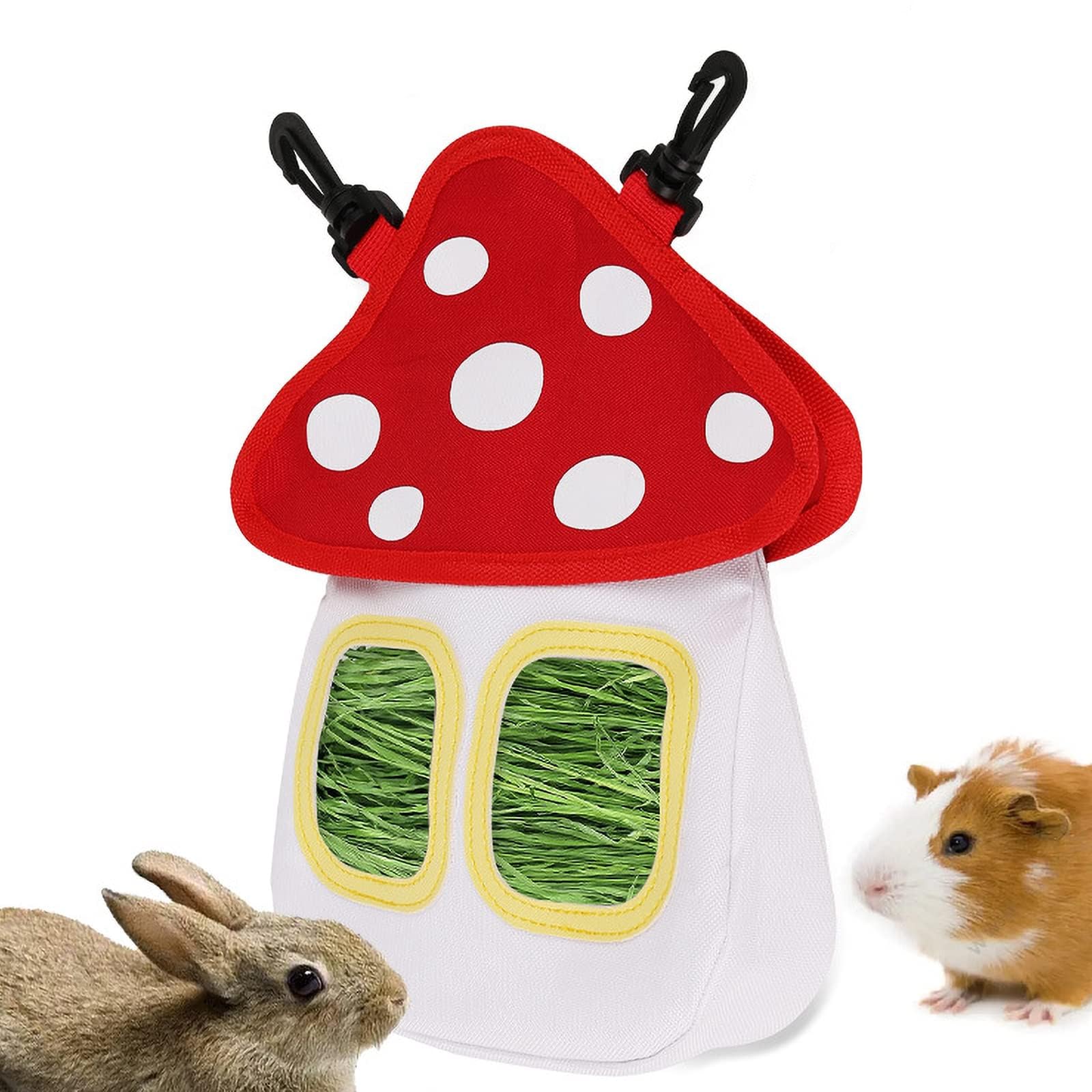 Rabbit Hay Feeder Bag, Cute Mushroom Shape Bunny 600D Oxford Cloth Fabric Guinea Hanging Food Storage Bag For Small Animals With 2 Feeding Holes, Rabbits, (1 Pack)