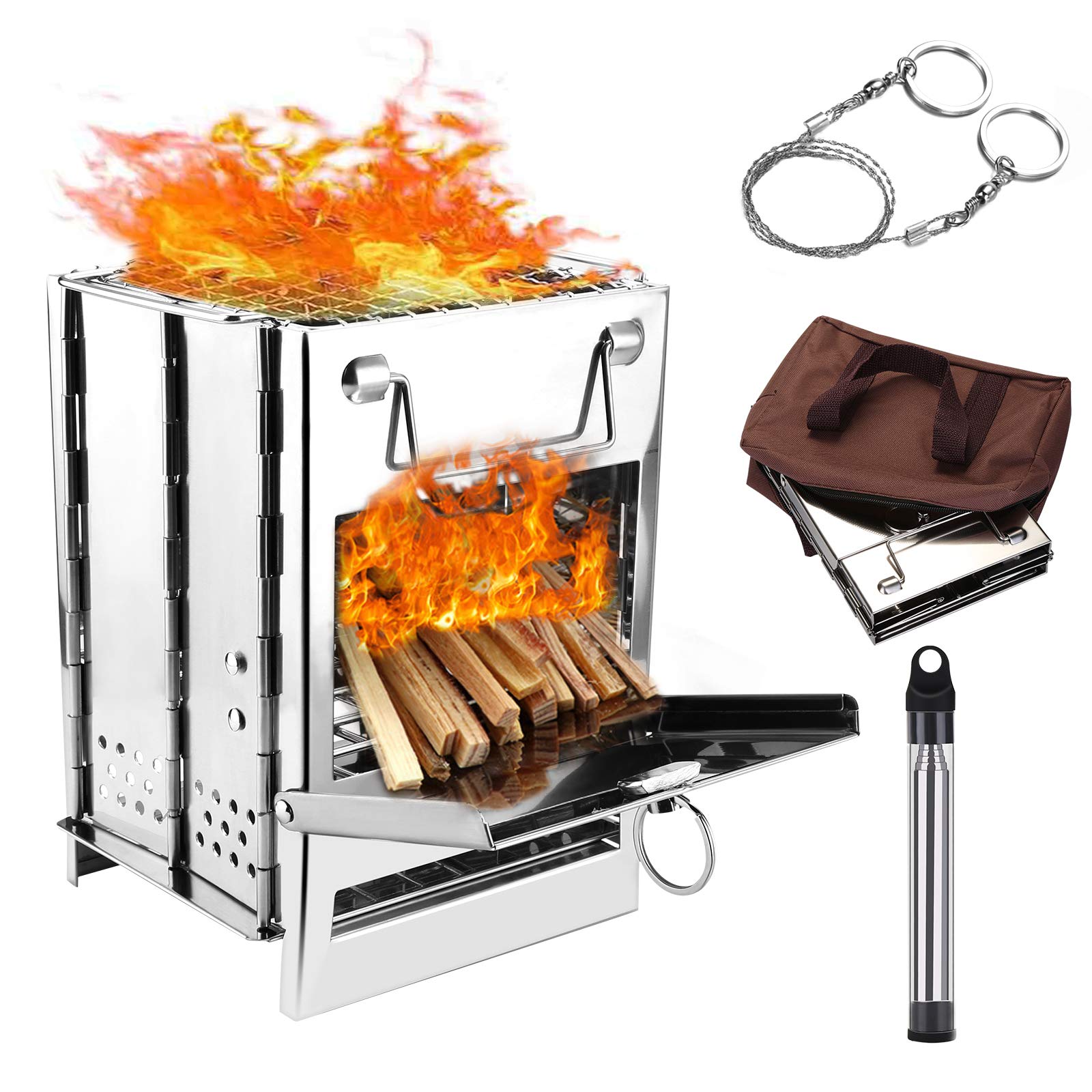 WADEO Wood Burning Camp Stove, Stainless Steel Folding Camp Stove, Portable Backpacking Wood Stove with Pocket Fire Bellow, Carry Bag and Stainless Steel Saw for Outdoor Cooking, Picnic and BBQ