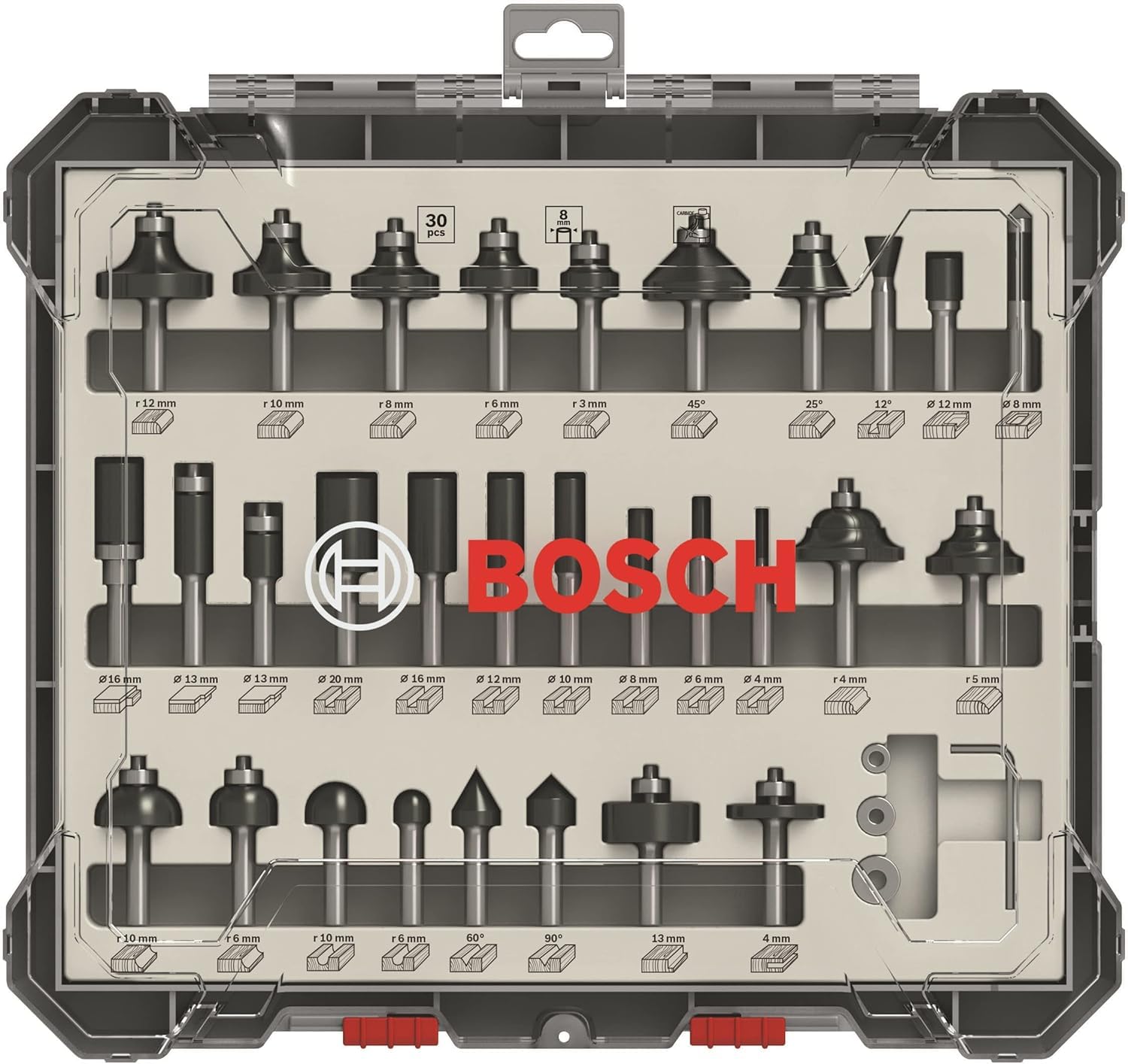 Bosch Professional 0601626001 Défonceuse GOF CE 1250 W 10000-24000 tours/min + Bosch Professional 30 pièces Kit de Fraises Mixtes (pour bois, Ø 8 mm Queue, Accessoires de Fraises d'Encastrement)