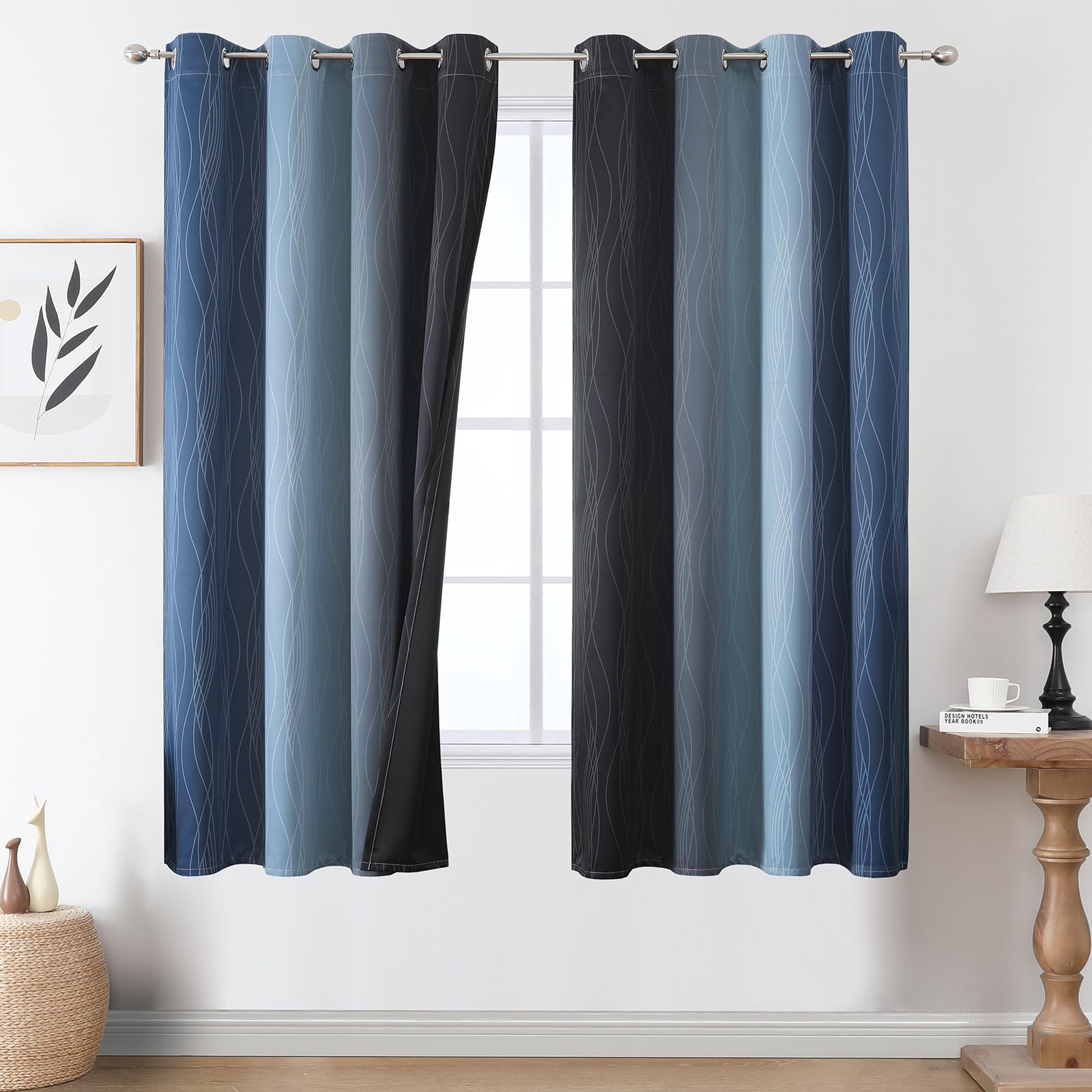 VEHEDE Gradient Navy Blue and Black Wave Blackout Curtains for Living Room, Eyelet Home Decorative Thermal Insulated Ombre Curtains & Drapes for Kids Bedroom, W52 x L63 Inch, 2 Panels