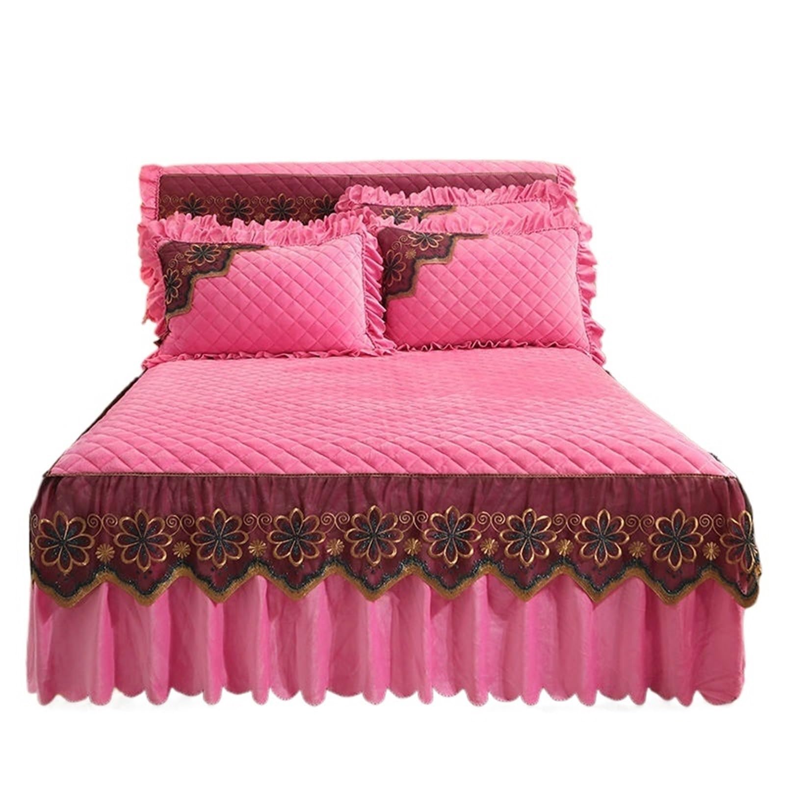 Quilted Bed Skirt Winter Warm Thicken Velvet Bedspread King Good Hand Feeling Not Included Pillowcase(Pink,1pc Skirt 180x200cm)