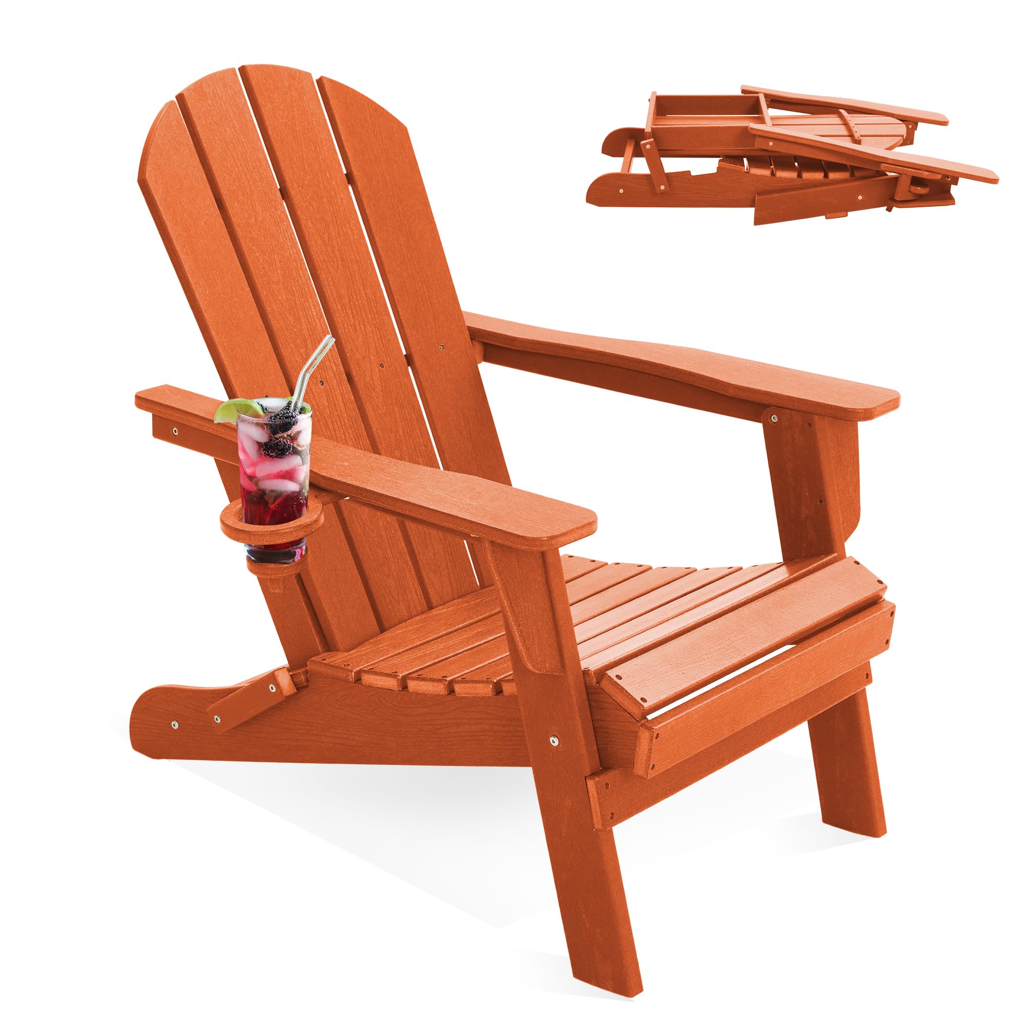 LOUNZY Folding Adirondack Chair with Cup Holder, HDPE All-Weather Folding Patio Chair, Outdoor Patio Adirondack Chair for Lawn Porch Garden Backyard