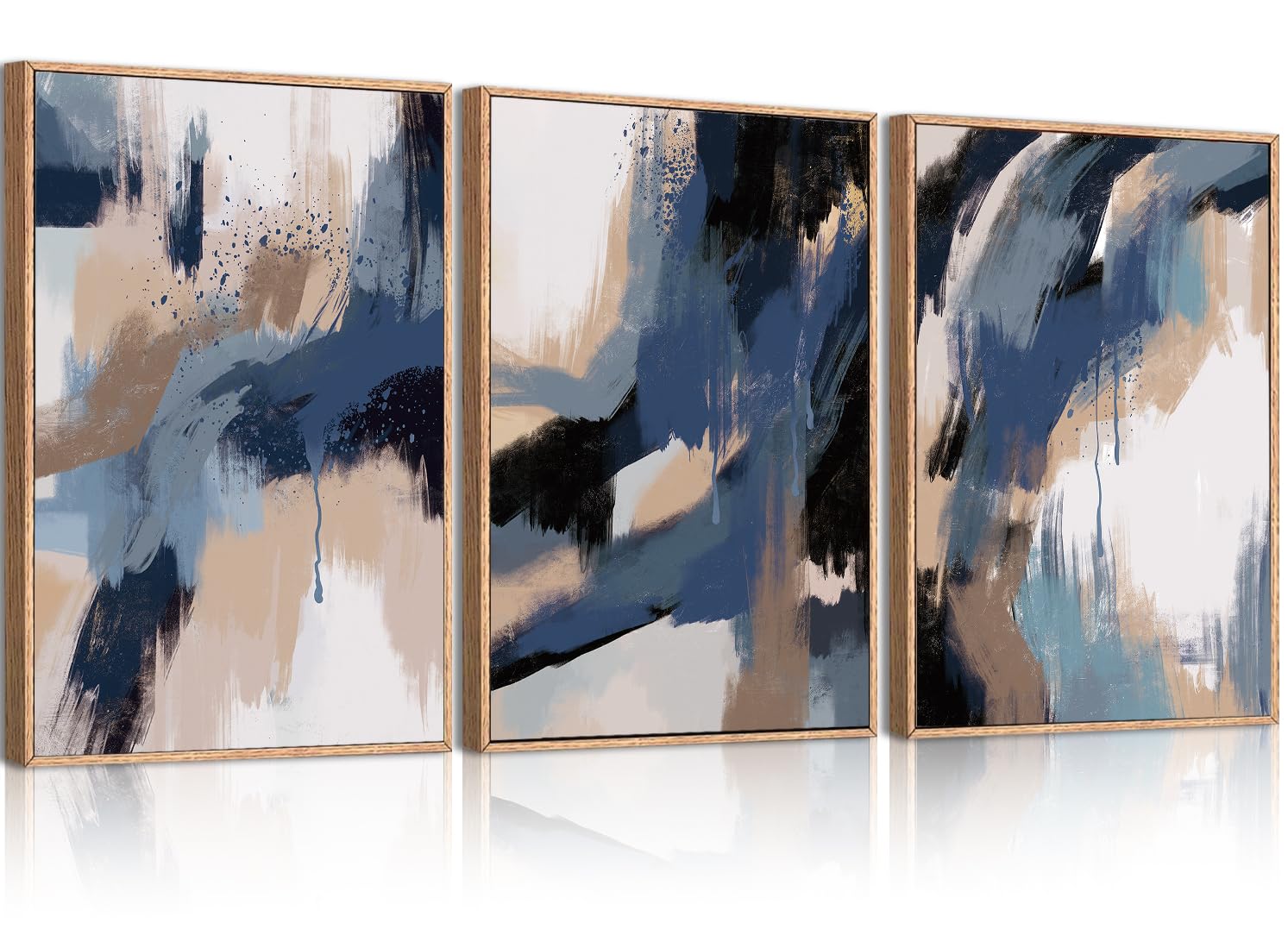 BINCUE Large Blue Abstract Canvas Wall Decor Framed Modern Wall Art Set of Three Neutral Minimalist Art Print for Living Room Bedroom Office - 24x36 Inches
