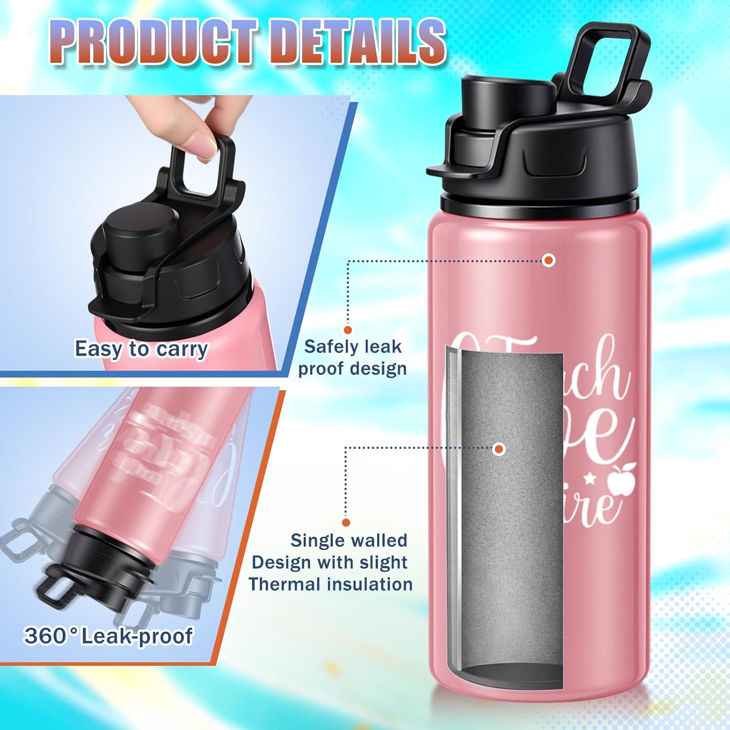 10 Pcs Teacher Appreciation Gifts Bulk 20 oz Aluminum Thank You Sports Water Bottles with Snap Lids Inspirational Tumblers Gifts for Teacher Week (Bright Color,Artistic)