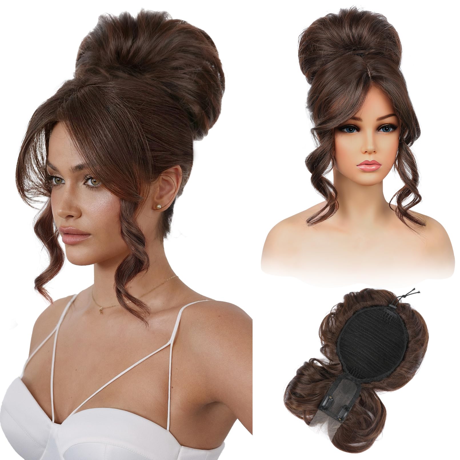 reecho messy bun hair piece with bangs – 2-in-1 drawstring ponytail extension updo wig & hair topper with long side bangs, natural-looking hair bun hairpieces for women - dark brown