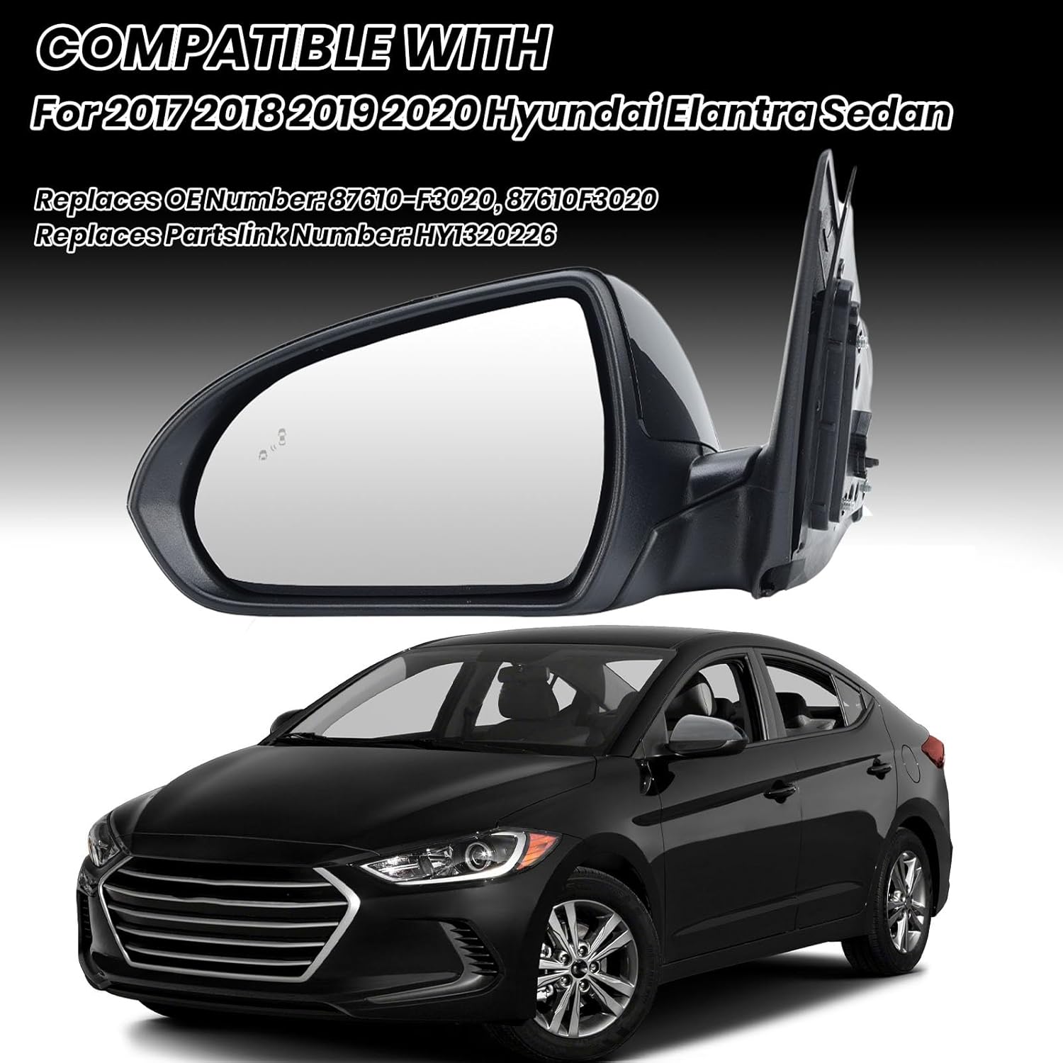 Driver Side Mirror Compatible with 2017 2018 2019 2020 Hyundai Elantra Heated Manual Folding Rear View Mirror w/Blind Spot Detection Replace 87610F3020 Black 7 Pins