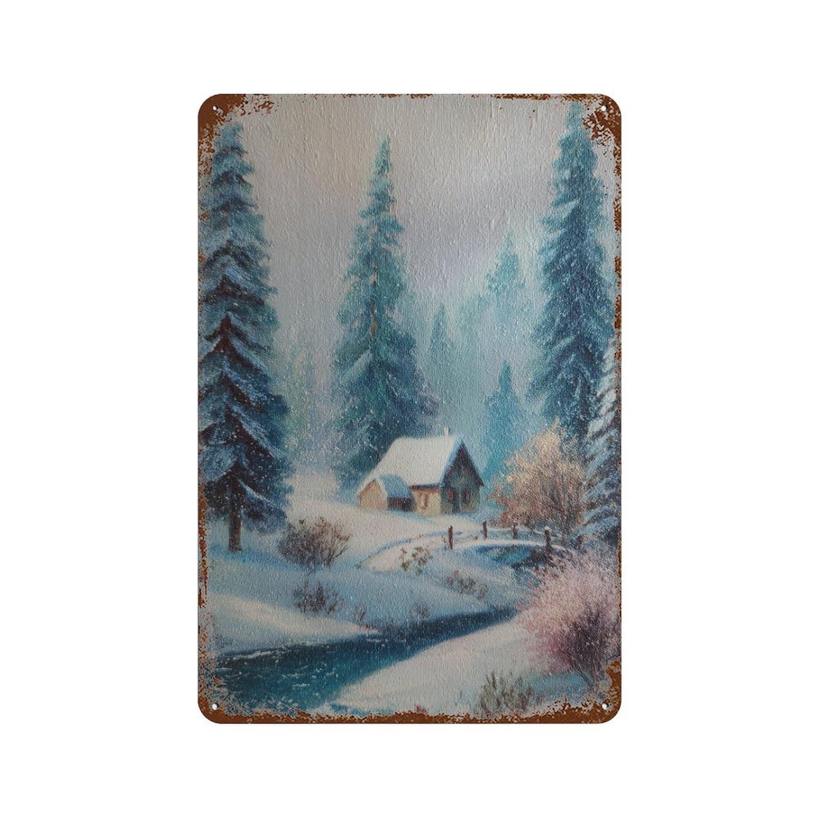 xiaoxiaoshen Snowy Cabin Winter Scene. Cozy Landscape Traditional Wall Decor Art Metal Tin Poster Modern Home Decor Art Home Bar Shop Decorations Vintage Sign 30x20cm