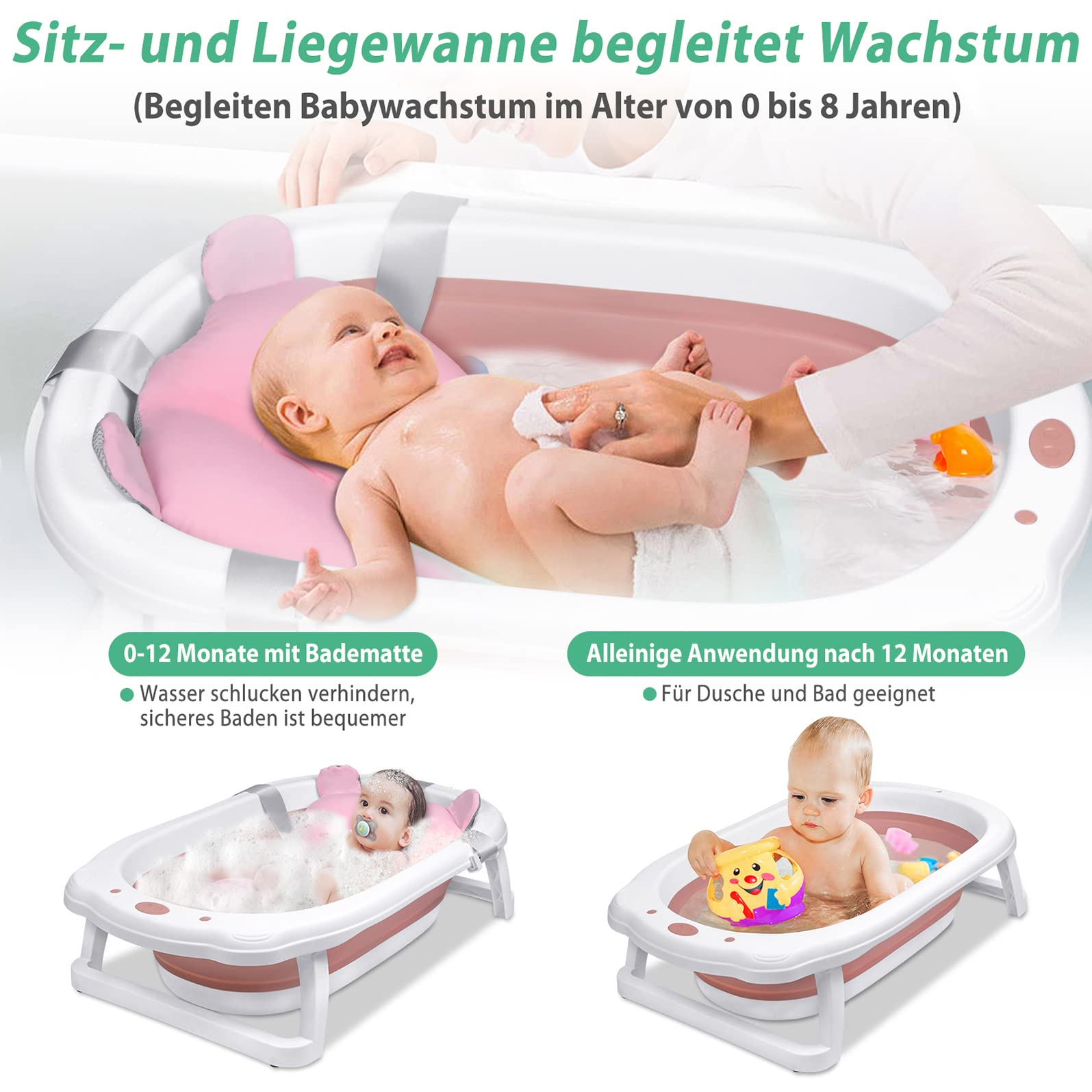 Vaschetta Bagnetto Neonato Pieghevole Con Termometro - Salvaspazio, Rosa, Per 0-36 Mesi - Foto 4