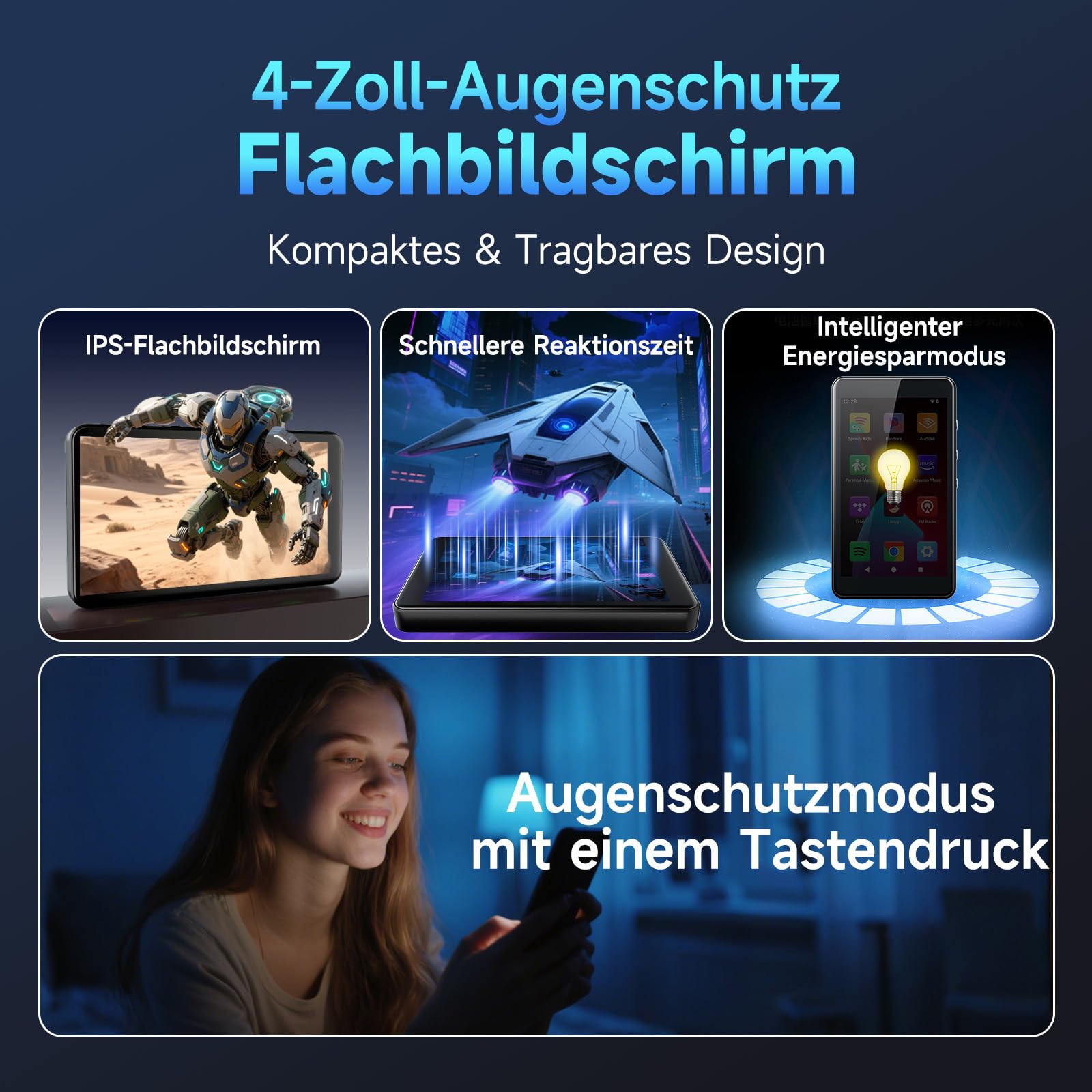 PECSU Android 14 MP3-Player mit Spotify, Play Store, Amazon Music, Audible, Libby, 4-Zoll-Touchscreen-MP4-Musikplayer für Kinder mit Kindersicherung, Augenschutzmodus, 2000mAh (Schwarz)