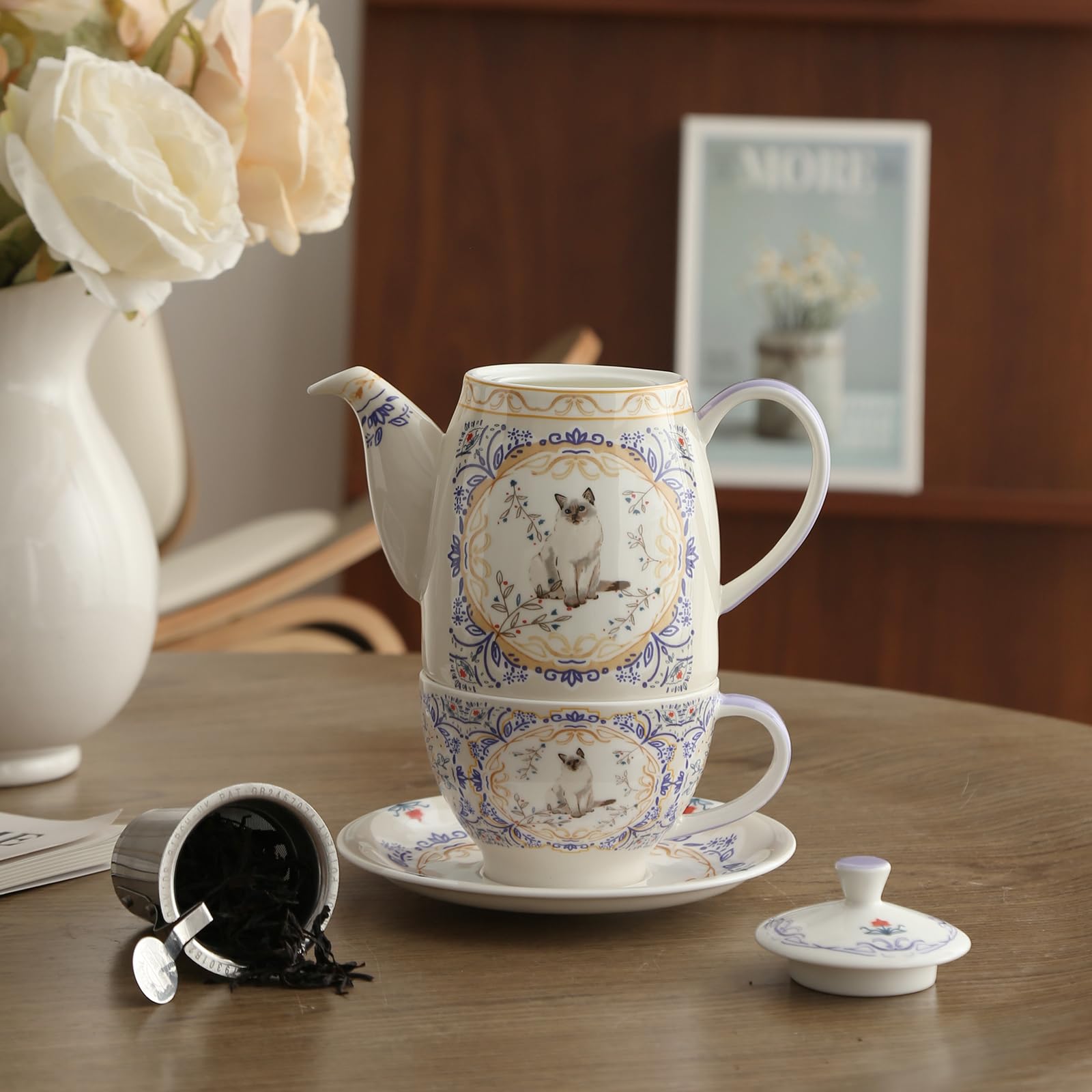 London Pottery Service à thé Aternoon en porcelaine anglaise pour 1 personne, théière, tasse et soucoupe à motif animal (chat)