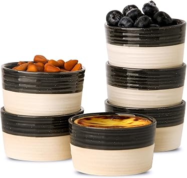 Hasense Porcelain Ramekins Set of 6, 3 Oz Oven Safe Mini Bowls, Black & Ash Gray Ramekins for Creme Brulee, Souffle, Dipping & Desserts, Farmhouse Kitchen