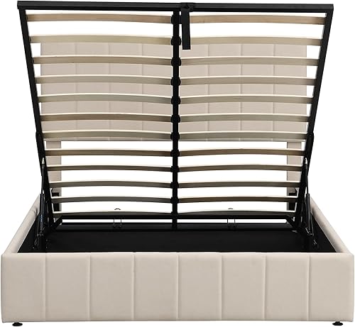 Miniatura 7 de Cama elevada con almacenamiento, marco de cama de plataforma tamaño matrimonial con cabecero, cama de almacenamiento elevable, cama tapizada