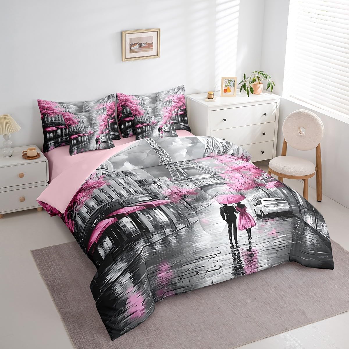 Erosebridal Eiffel Tower 7 Piece Bed in a Bag Queen,Paris of France Bedding Set Bed Sheets for Women Girls Lovers,Romantic City Comforter Set,Watercolor Oil Painting Paris Sheet Set with Comforter