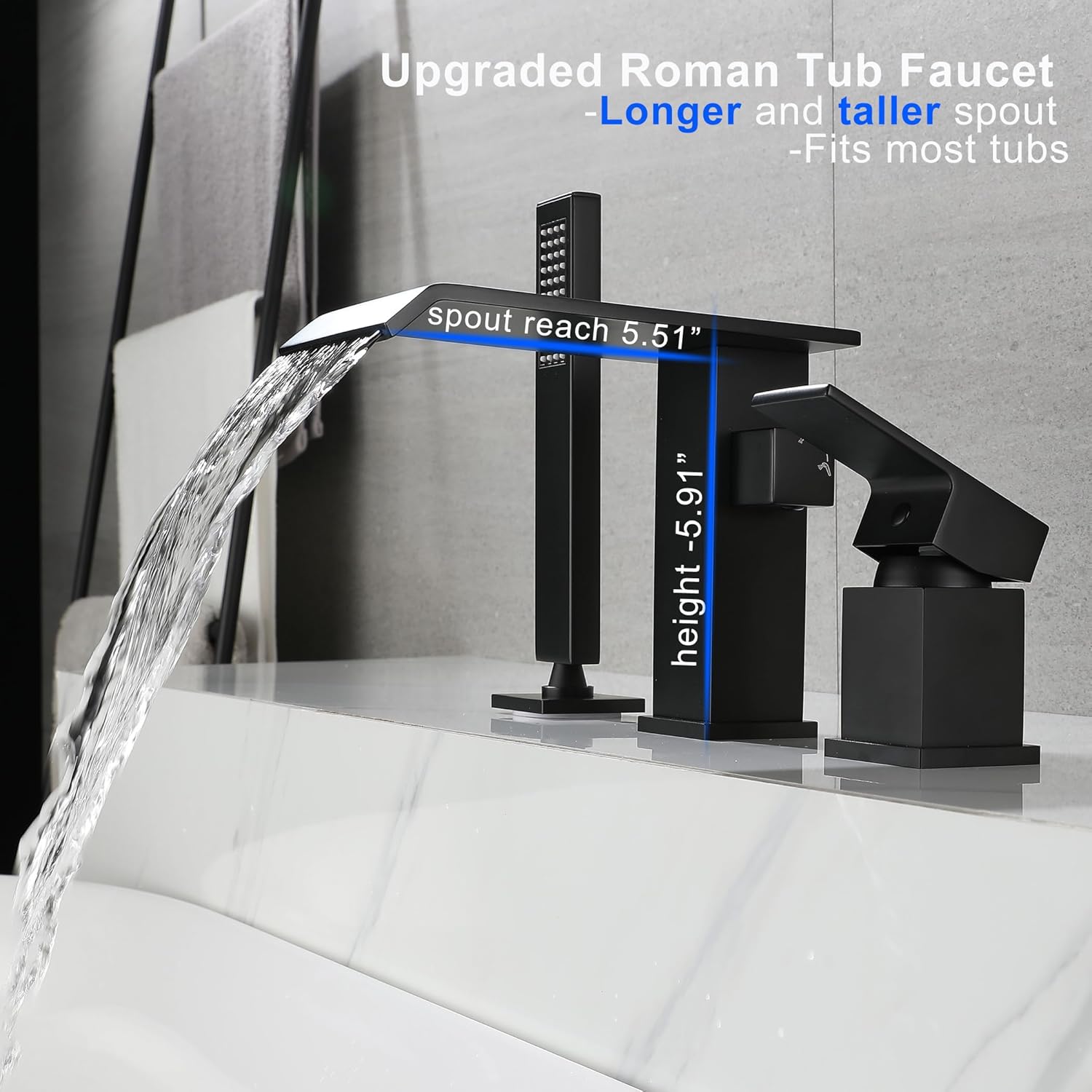 Waterfall Roman Tub Faucet with Hand Shower Matte Black Bathtub Faucet 3 Hole Widespread Tub Filler Deck Mount Solid Brass