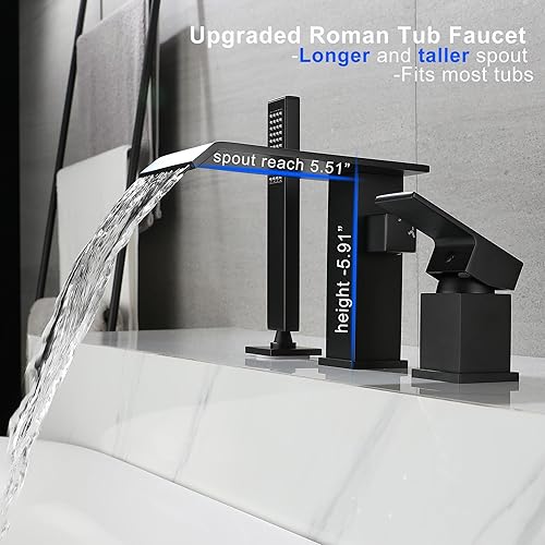 Vista 2 de Grifo de bañera romana en cascada con ducha de mano, grifo de bañera negro mate, 3 agujeros, relleno de bañera generalizado, montaje en cubierta