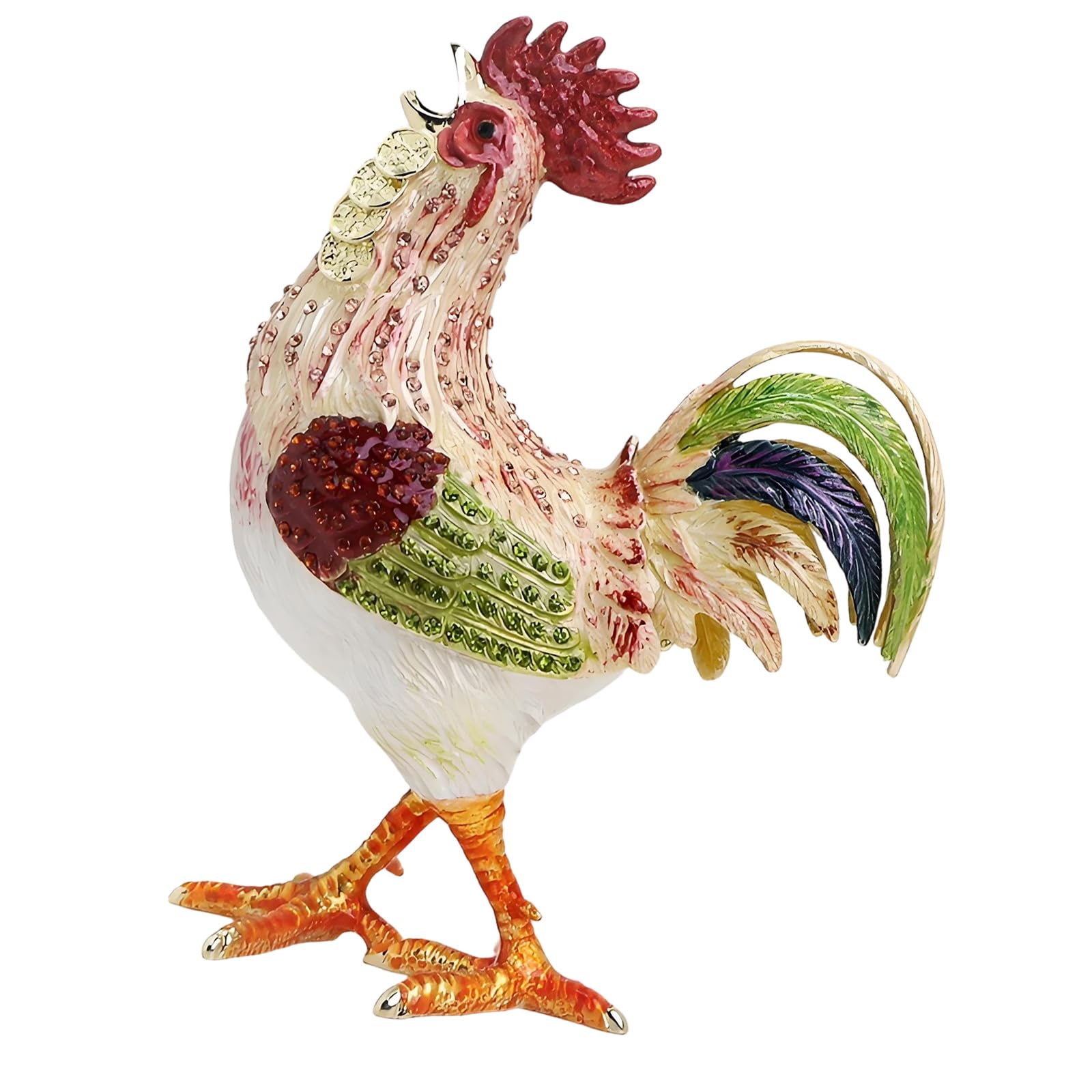 Piceioep Exquisite Metal Rooster Shaped Trinket Box with Crystal and Enameled Detail Jewelry Organiser Storage Container Hand Painted Enameled Rooster Jewelry Box