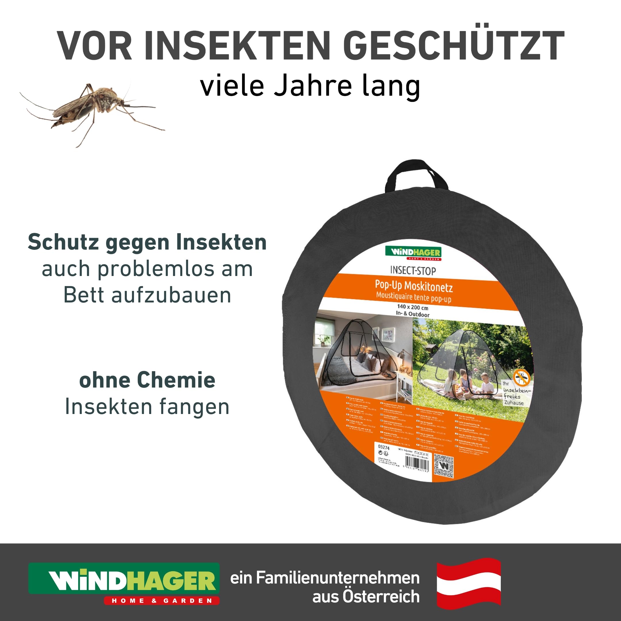 Windhager POP-UP Moskitonetz Zelt, großes Mückennetz für Doppelbett, Camping Netz, Insektenschutz, Mückenschutz, Bettnetz, Fliegennetz Zelt, 160 x 200cm, anthrazit, 03275