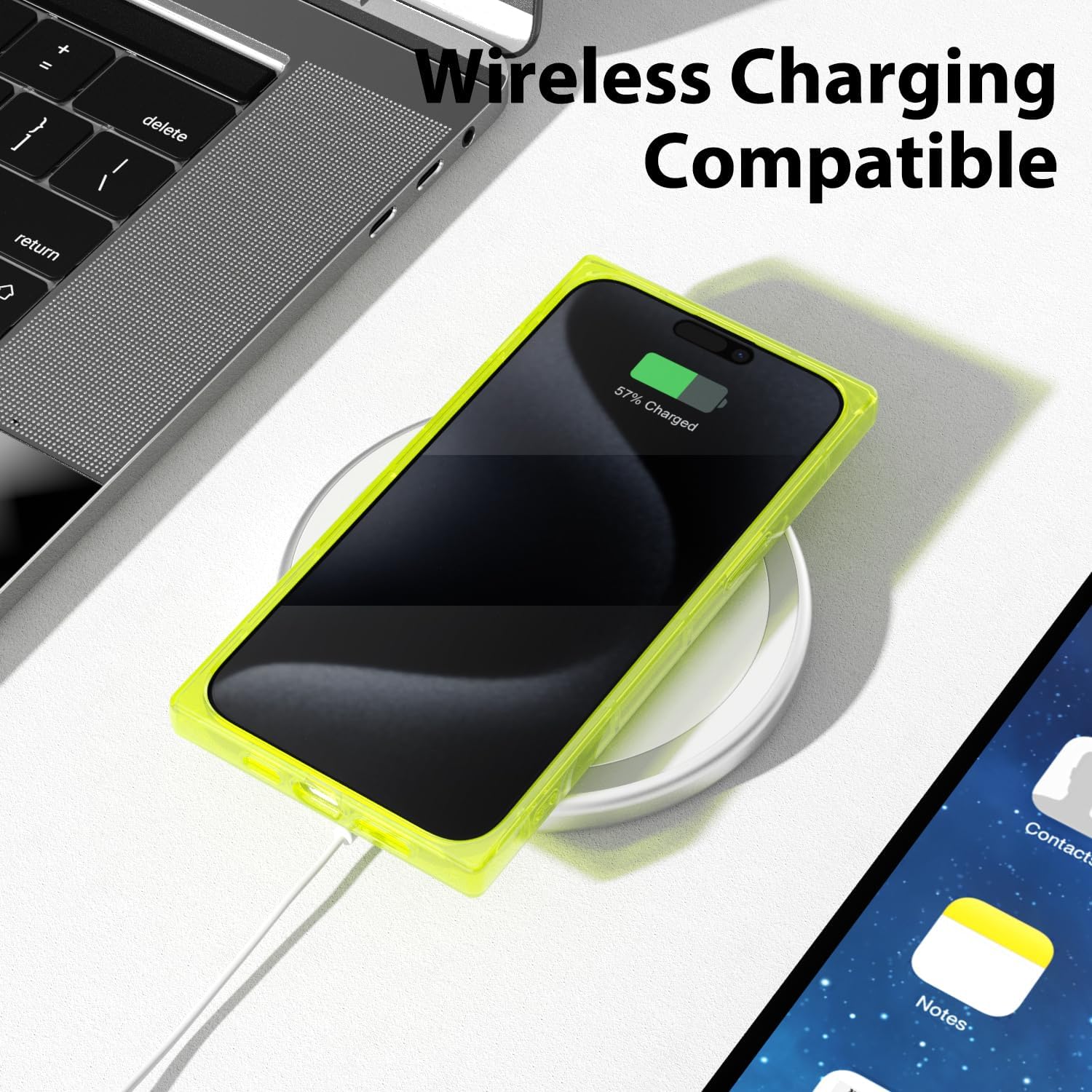 Svanove Fundas para iPhone 15 Pro Transparente Cuadrado, Transparente Rectángulo Cuadrado Funda de Teléfono Cámara Funda Protectora, Silicona Fina Shockproof Caparazón Blando, Amarillo Neón