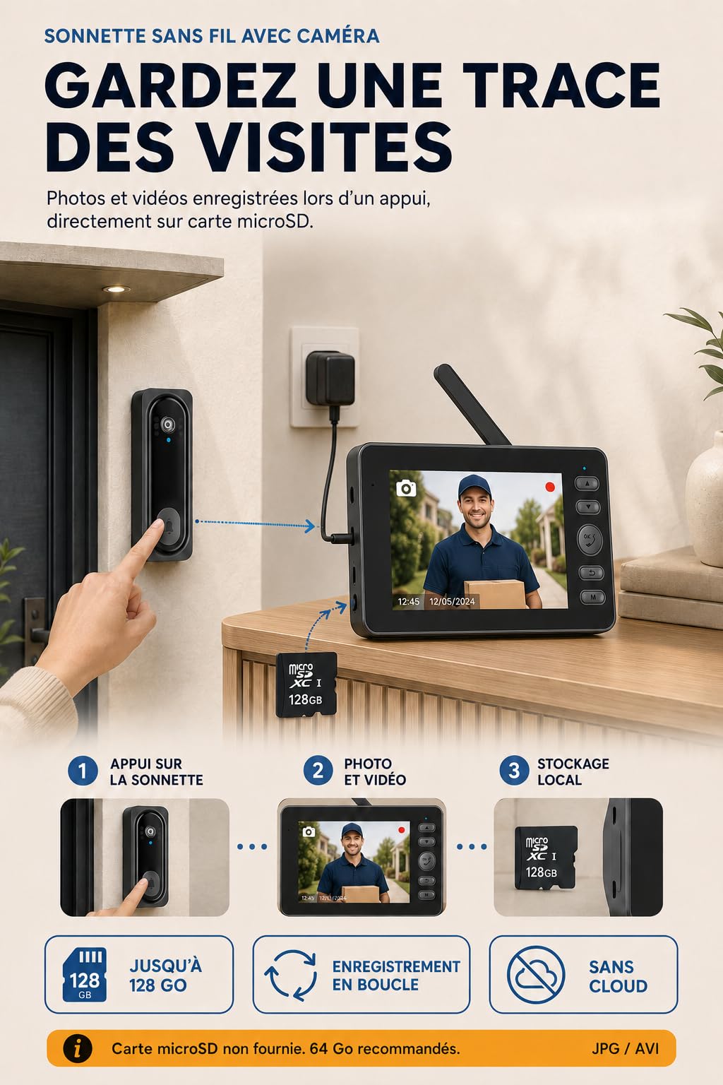 Sonnette Sans Fil Avec Caméra, 4,5" Interphone Vidéo Sans App Sans WIFI
