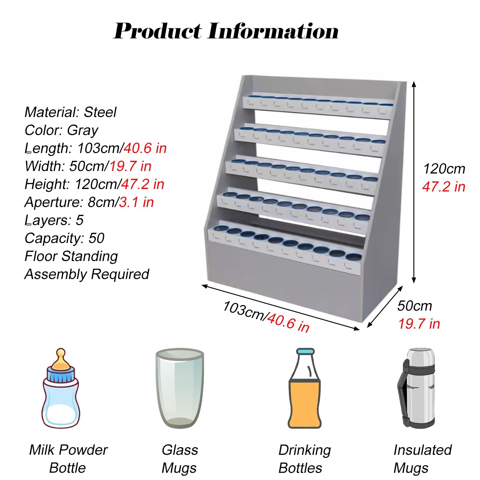 MZZKFC 4/5 Layers Metal Water Bottle Rack, Insulated Cup Storage Rack with PVC Protection Rings and Sticker?21/32/ 40 in Storage Shelf for Laboratory & Mall(40.6x19.7x47.2 in(5 Layers))