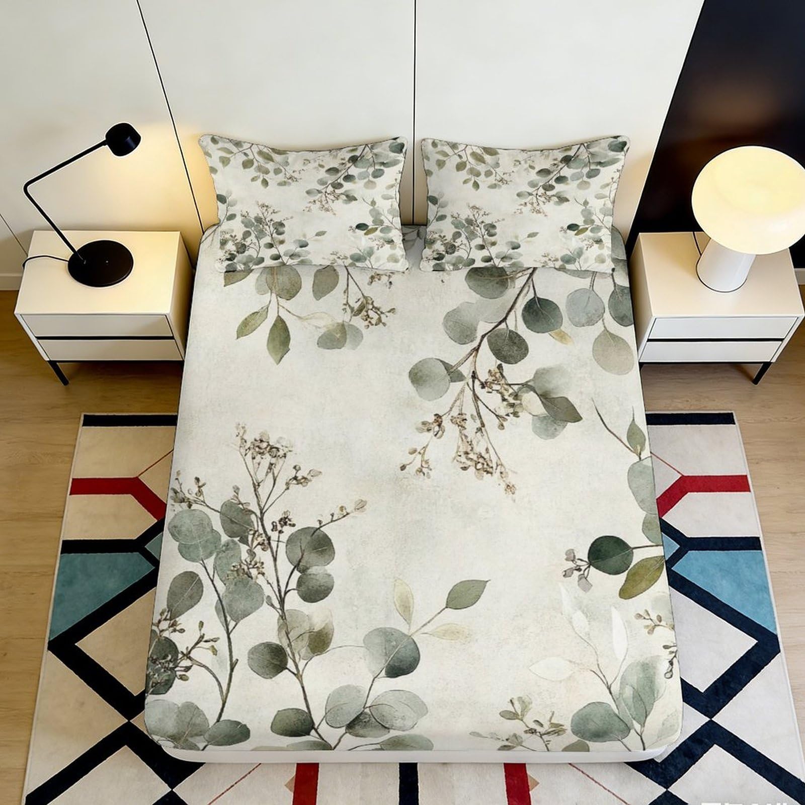 3D Printed Eucalyptus Leaf Fitted Sheet Microfiber Botanical Branch Mattress Cover for Bedroom Guest Room Decor 90x200x25cm