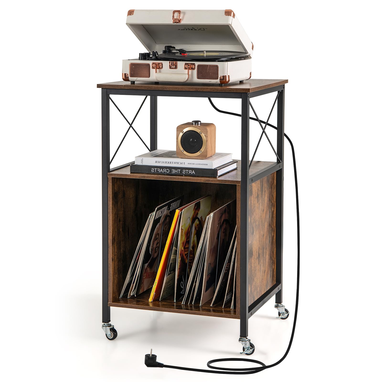 GOPLUS Meuble Platine Vinyle avec Station de Charge Intégrée, 2 Prises AC, 1 USB, et 1 Type-C, Support pour Tourne-Disque, 2 Roues Verrouillables, Style Industriel pour Vinyles et CD, 50x45x82cm