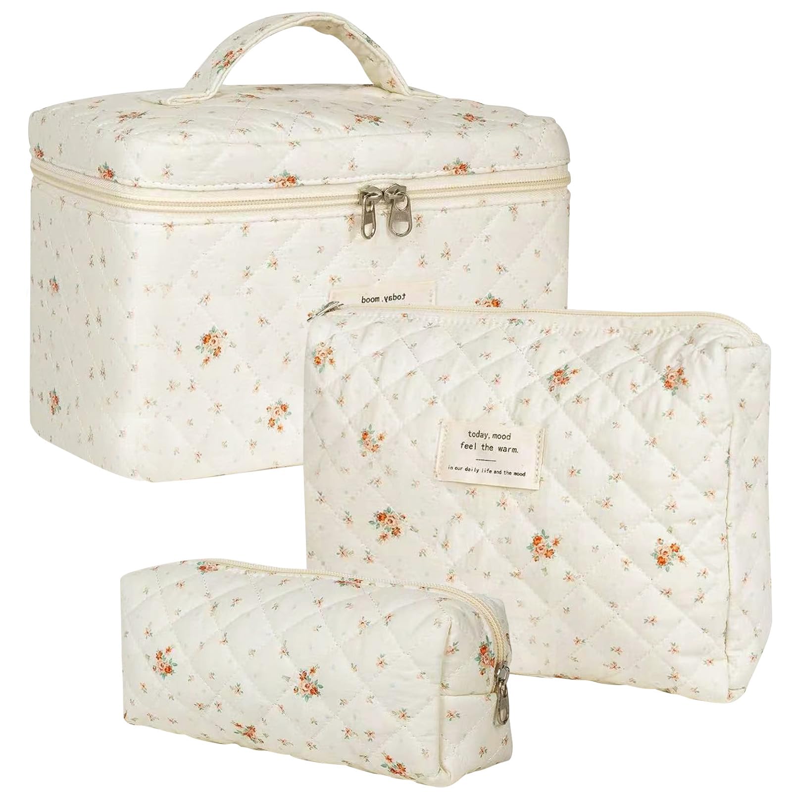 Yowmina Juego de 3 Bolsas de Maquillaje Acolchadas de Algodón, Neceser de Viaje para Mujer con Asa y Cremallera, Bolso de Aseo con Estampado de Flores, Bolsa de Maquillaje Portátil para Viajes Baño