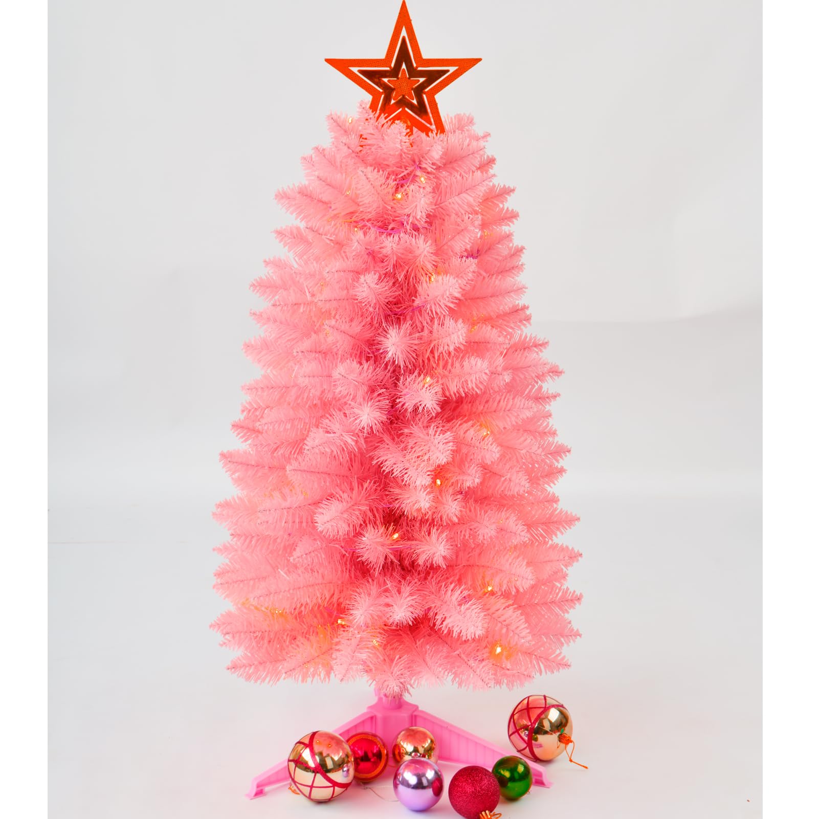 Künstlicher kleiner Mini-Weihnachtsbaum mit warmweißen mehrfarbigen LED-Lichtern, Timer, batteriebetrieben, perfekt für Weihnachten, Tischdekoration, Zuhause, Küche, Esstisch, Rosa, 91 cm