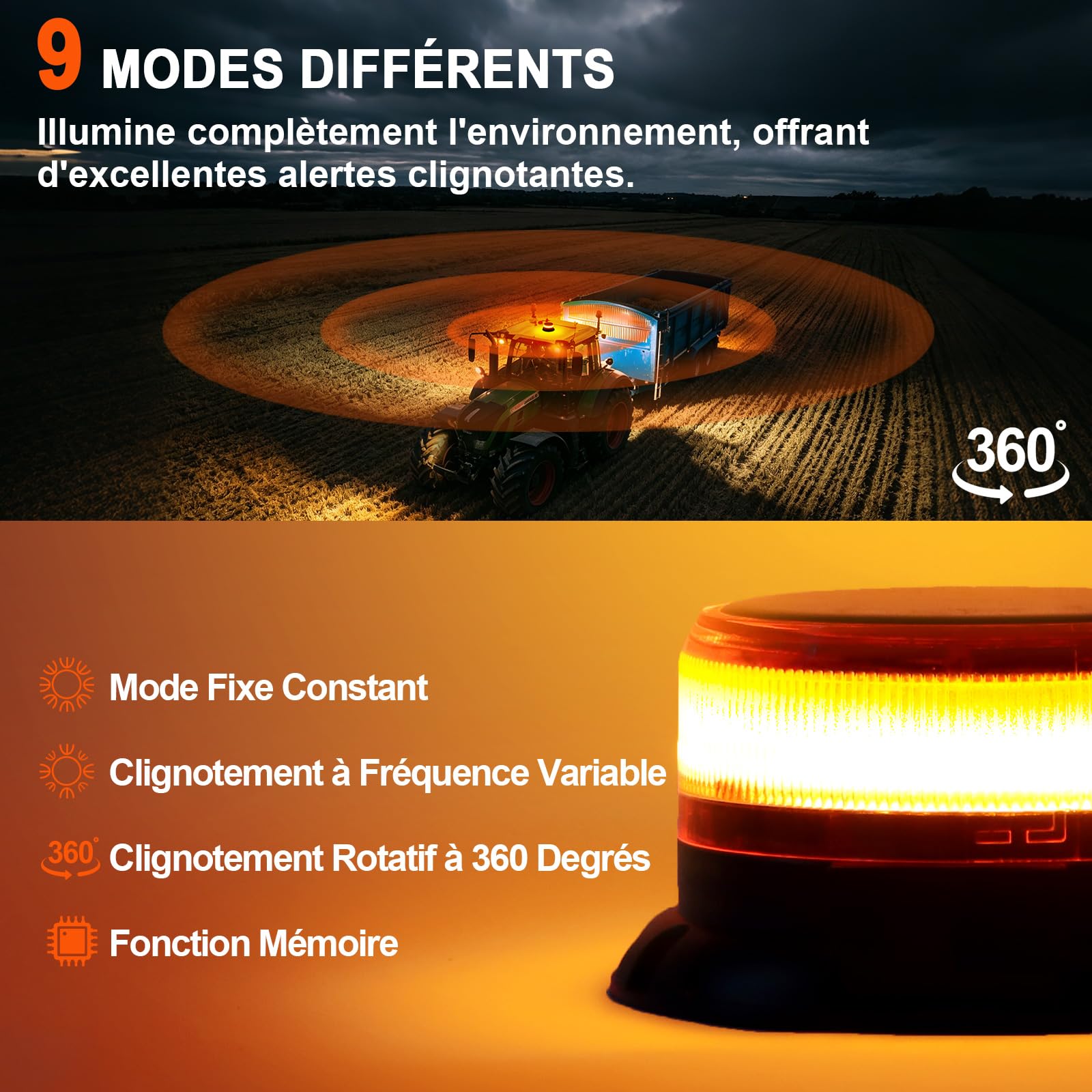 AnTom Gyrophare LED avec batterie solaire 9 modes de clignotement 12V 24V gyrophare orange magnétique avec câble et câble USB pour voiture, camion, tracteur, voiture de golf, véhicules d'urgence