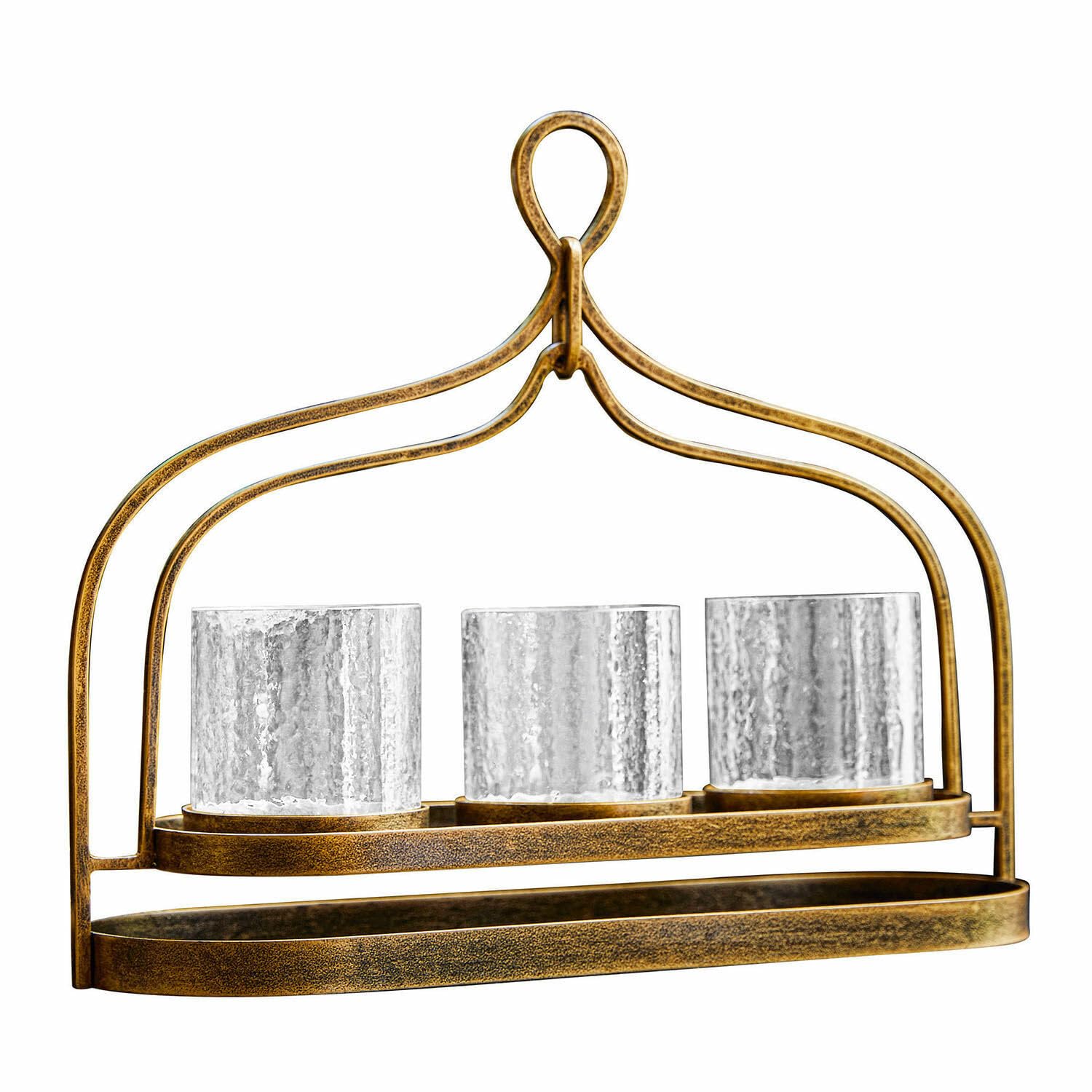 Loberon Kerzenhalter Biserre - Handgefertigt - Orientalischer Stil - Geschwungenes Gestell - für 3 Kleine Stumpenkerzen, Dekoration - Eisen - Glas, antikgold