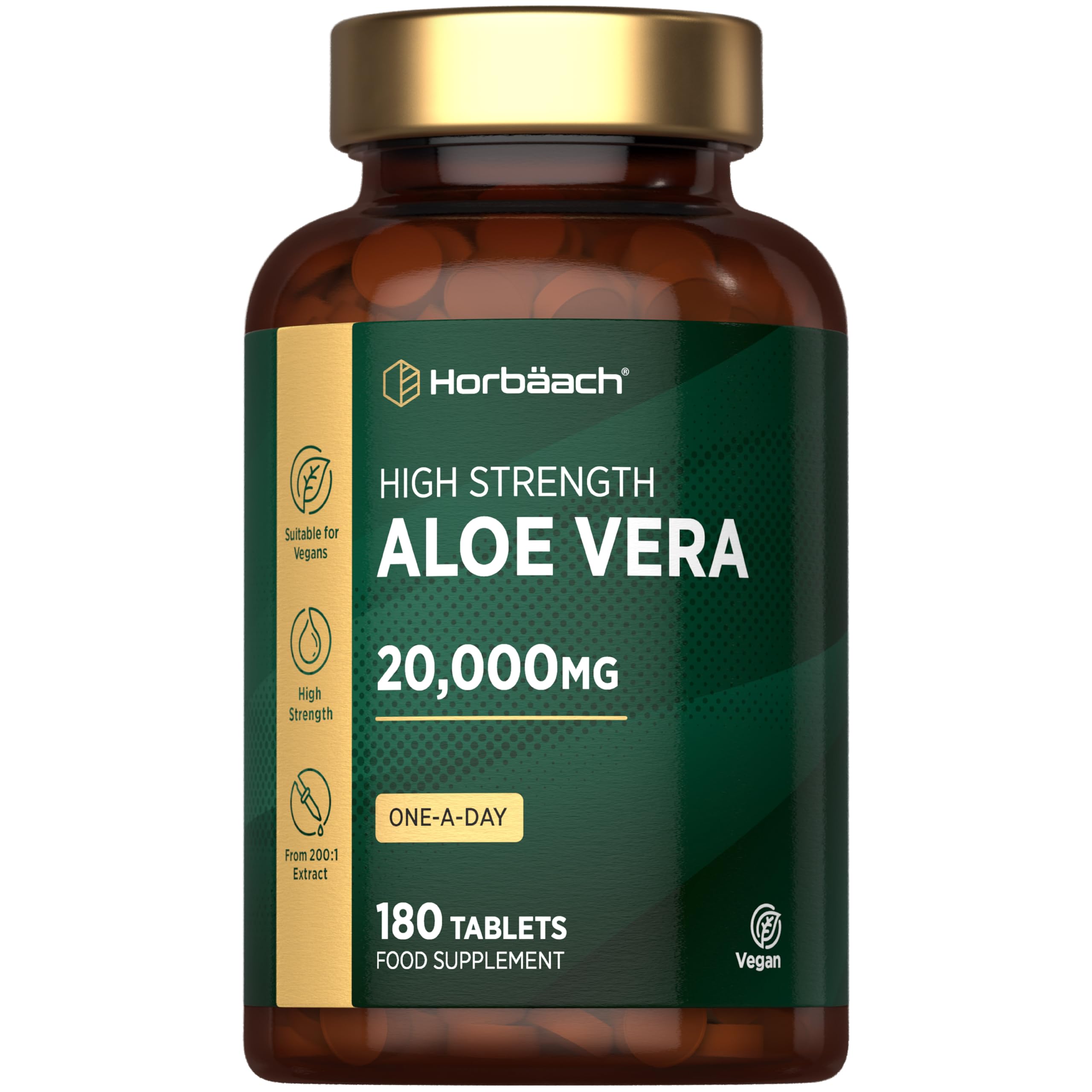 Horbäach Aloe Vera Tablets | High Strength 20,000mg | One-A-Day Formula | 180 Count | Suitable for Vegetarians & Vegans | by