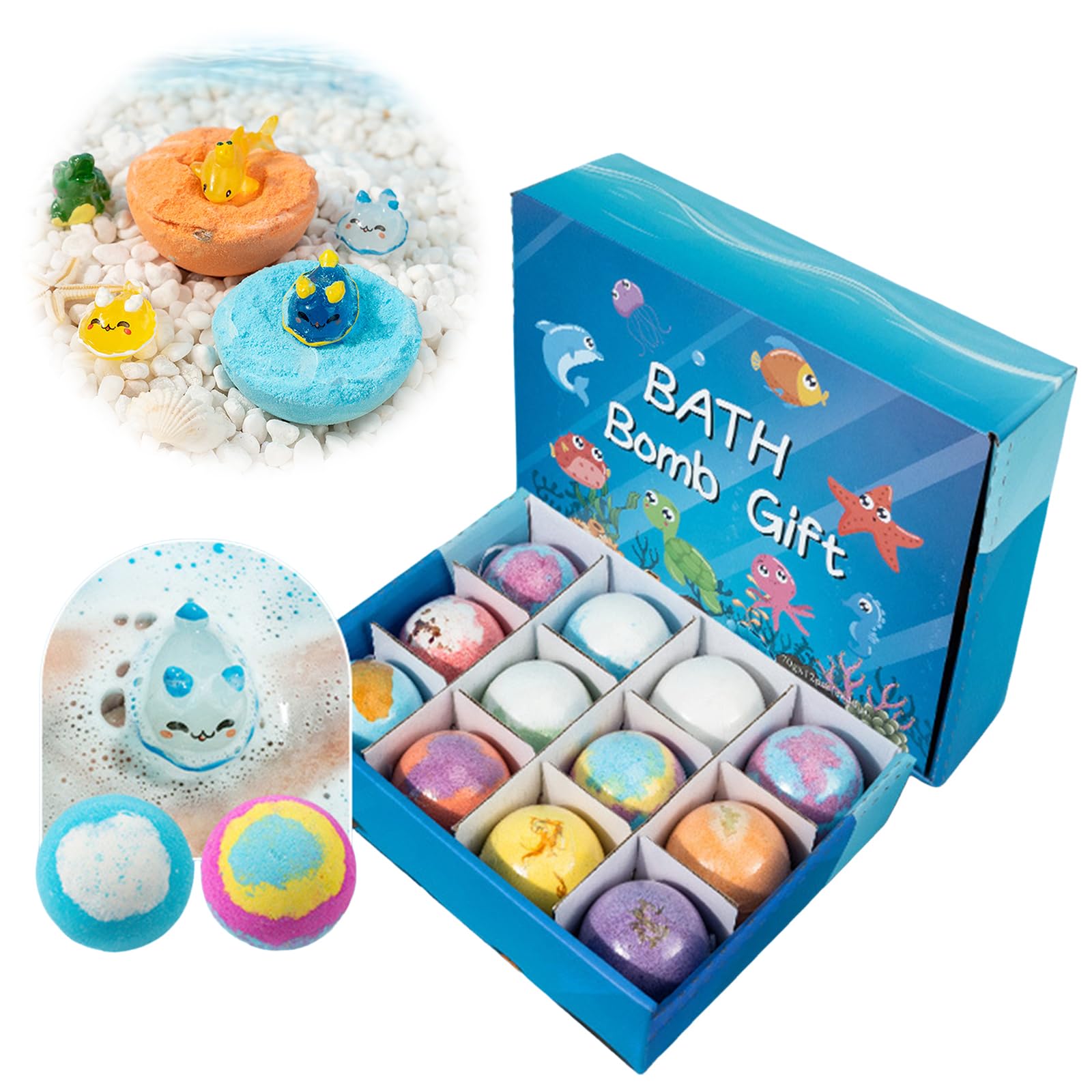 Packung mit 12 natürlichen Badebomben für Kinder, bunte und hautfreundliche Sprudelblasen, leicht zu reinigen mit Sur