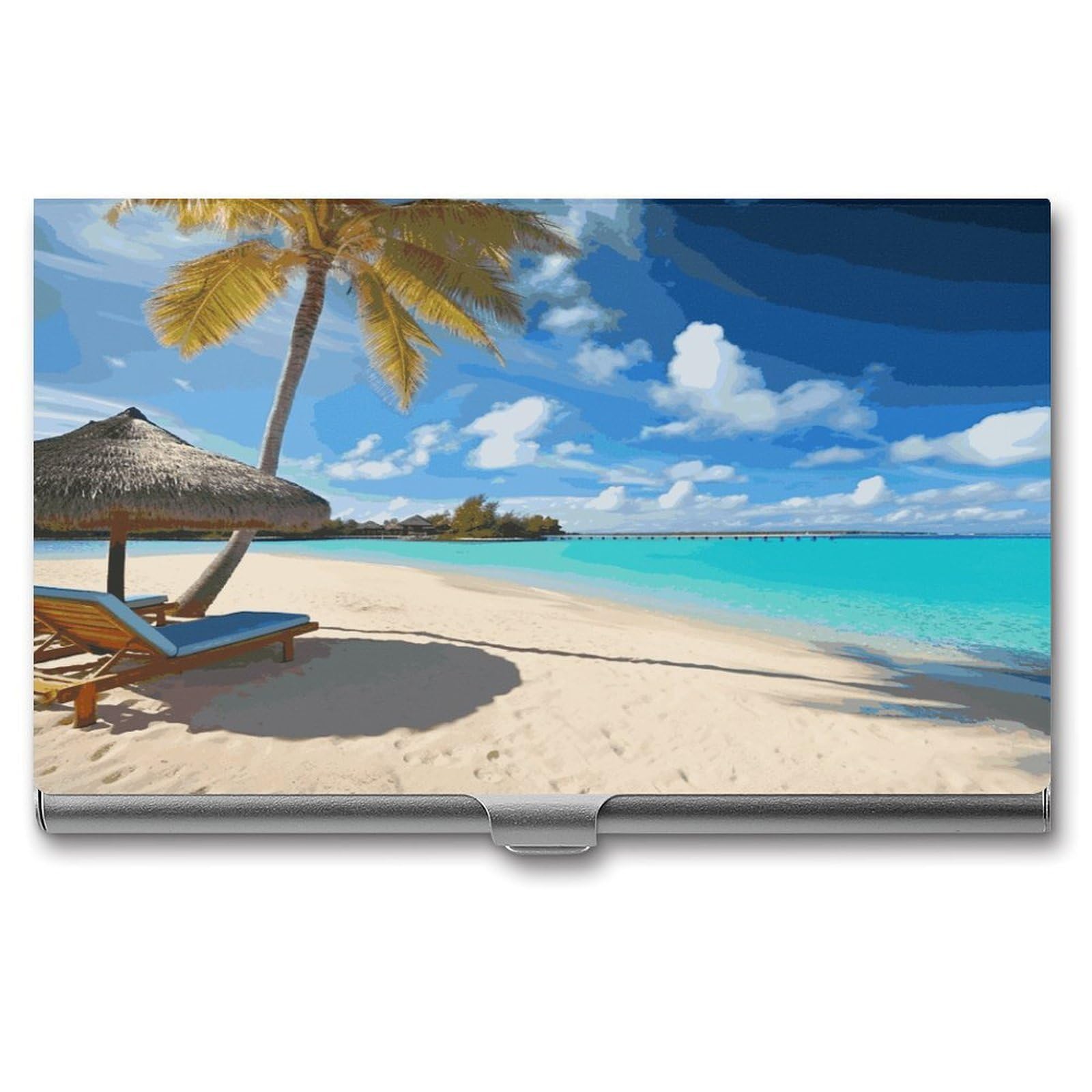 LDGSUPH Tropical Beach Business Card Holder Fashion Slim Name Card Holder Minimalist Design Case Metal Card Carrier Personalized Business Card Case with Flip for Men Women