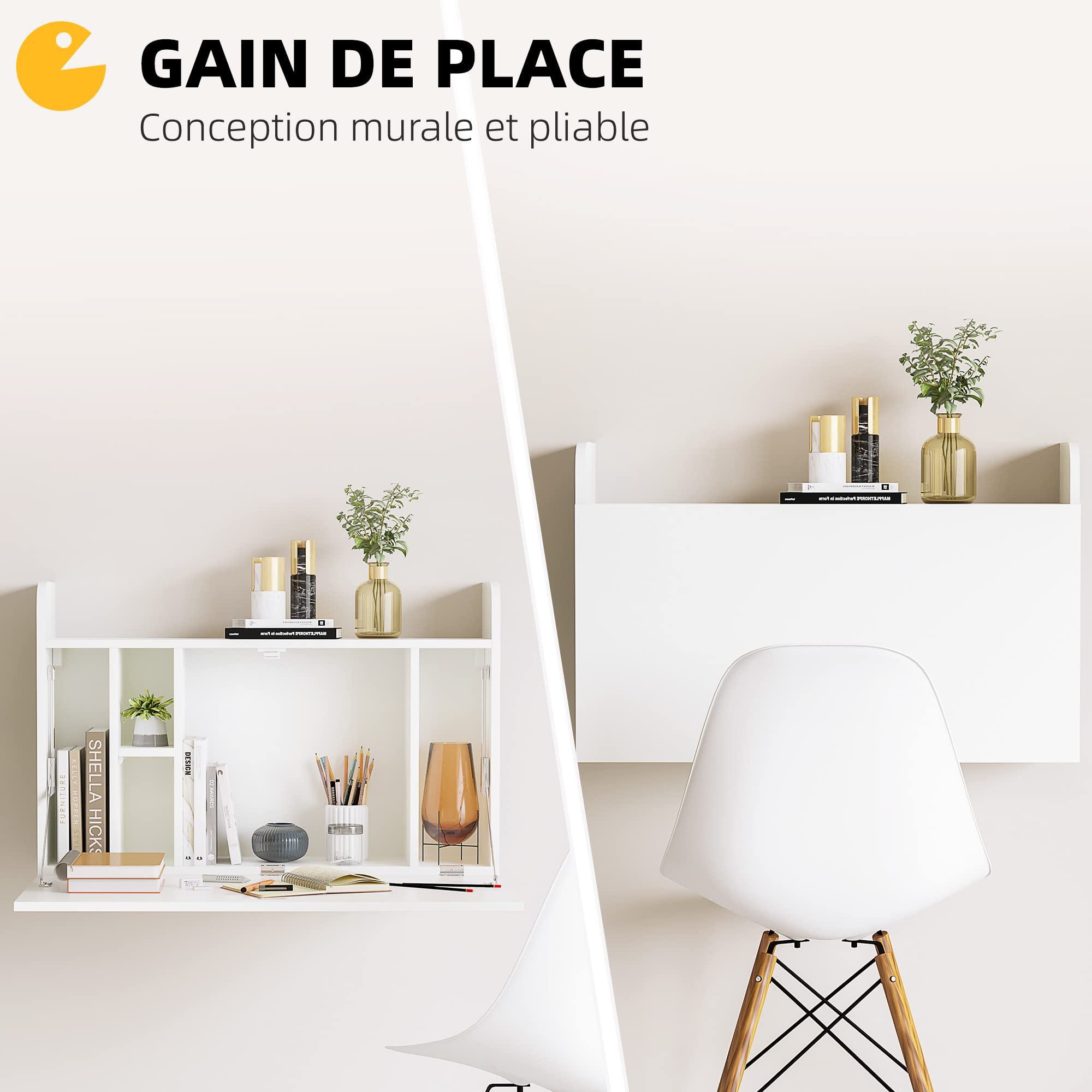 HOMCOM Bureau Suspendu Bureau Mural avec Rangements 77 x 20 x 51 cm Blanc