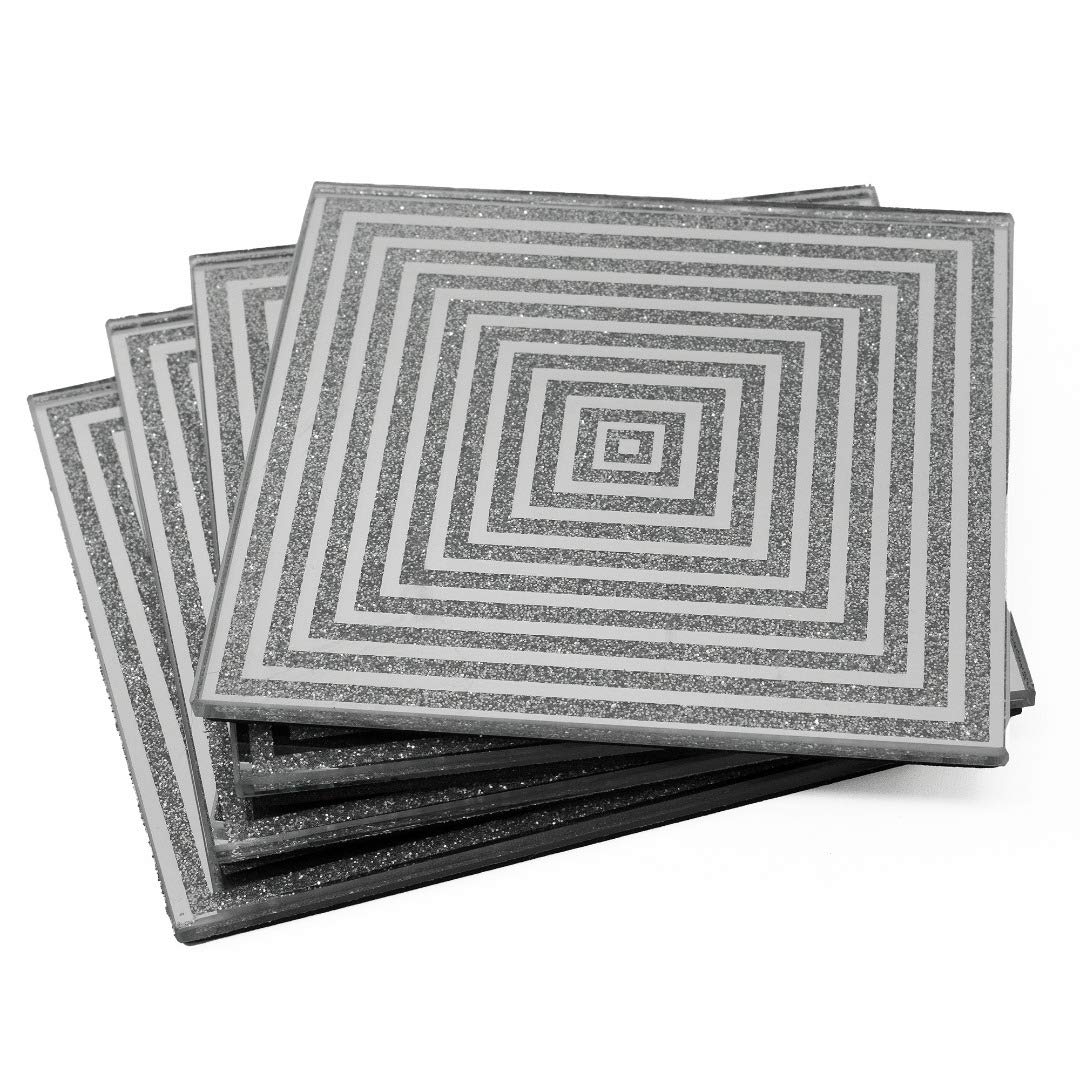 Angraves Geometric Square Lustre Silver Sparkle Glitter Mirrored Glass Coaster Set of 4 Mat