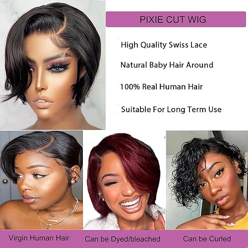 Miniatura 4 de ONICA Pelucas de cabello humano con corte Pixie para mujeres negras, peluca de 6 pulgadas lacia estilo Bob de 13 x 4 x 1 pulgadas, parte lateral,