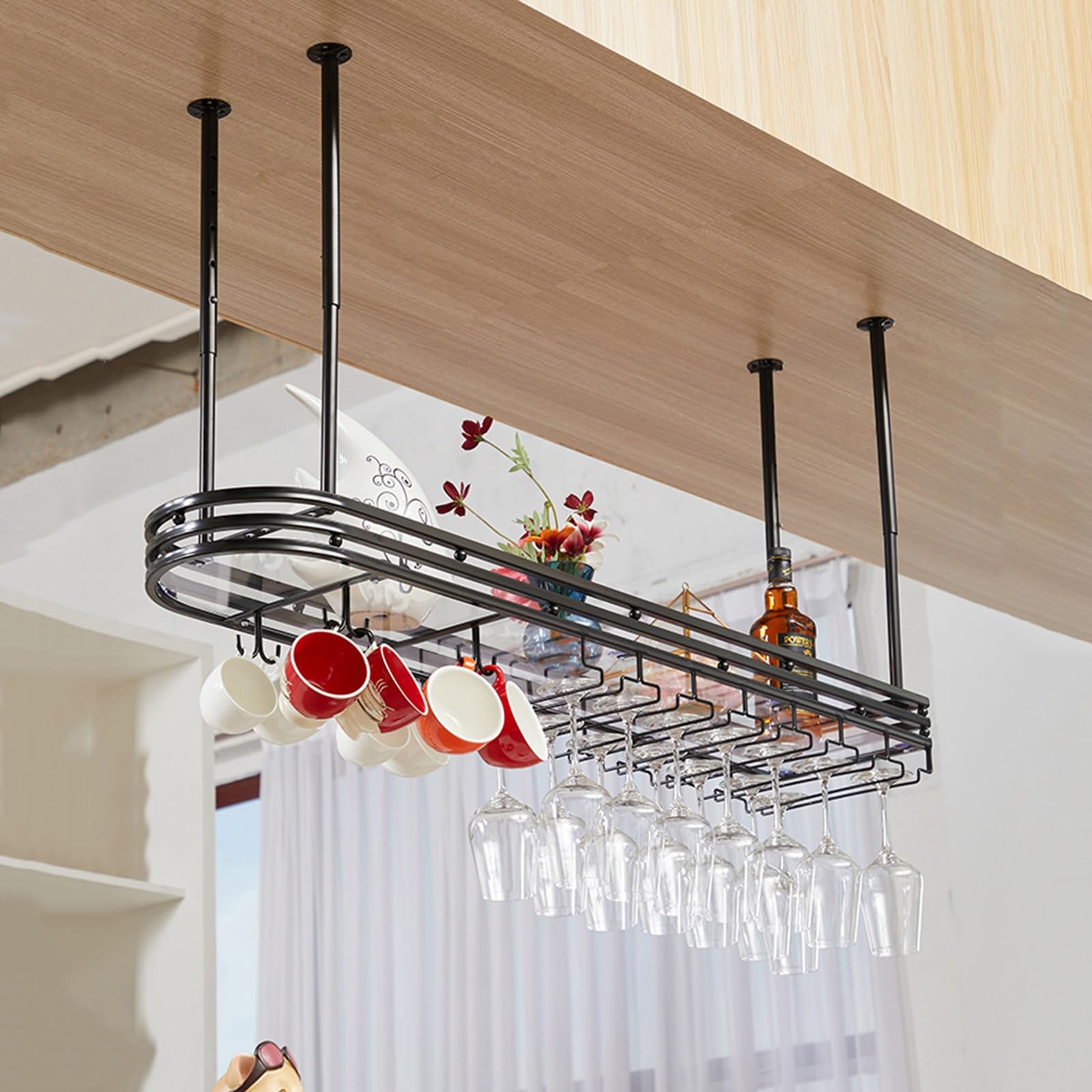 Étagère à verres à vin en métal noir 120 cm au design industriel épuré et robuste