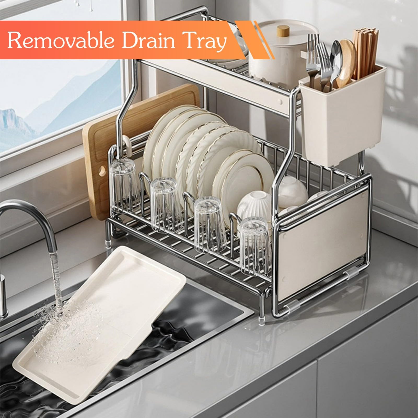 Escurridor de Platos 2 Niveles para encimera Cocina,escurridor Inferior expandible Gran Capacidad con escurridor/Utensilios,Plato Drenaje Desmontable Acero al Carbono(2 B)