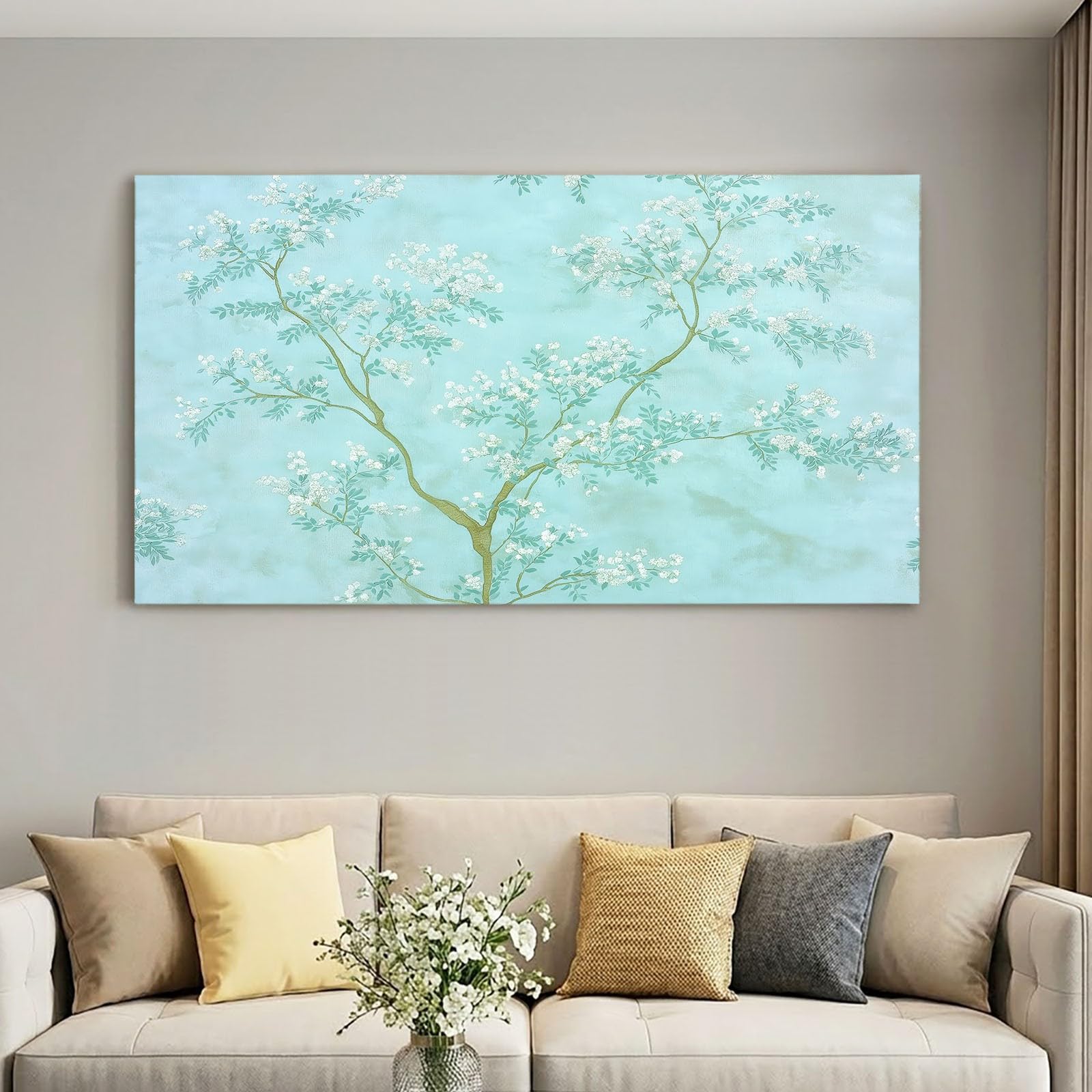 Obraz ścienny z ramą 100 x 70 cm, naturalny, obraz na płótnie do salonu, sypialni, kuchni, biura - niebieskie drzewa, kwiaty, gałązki i liście, dekoracja ścienna