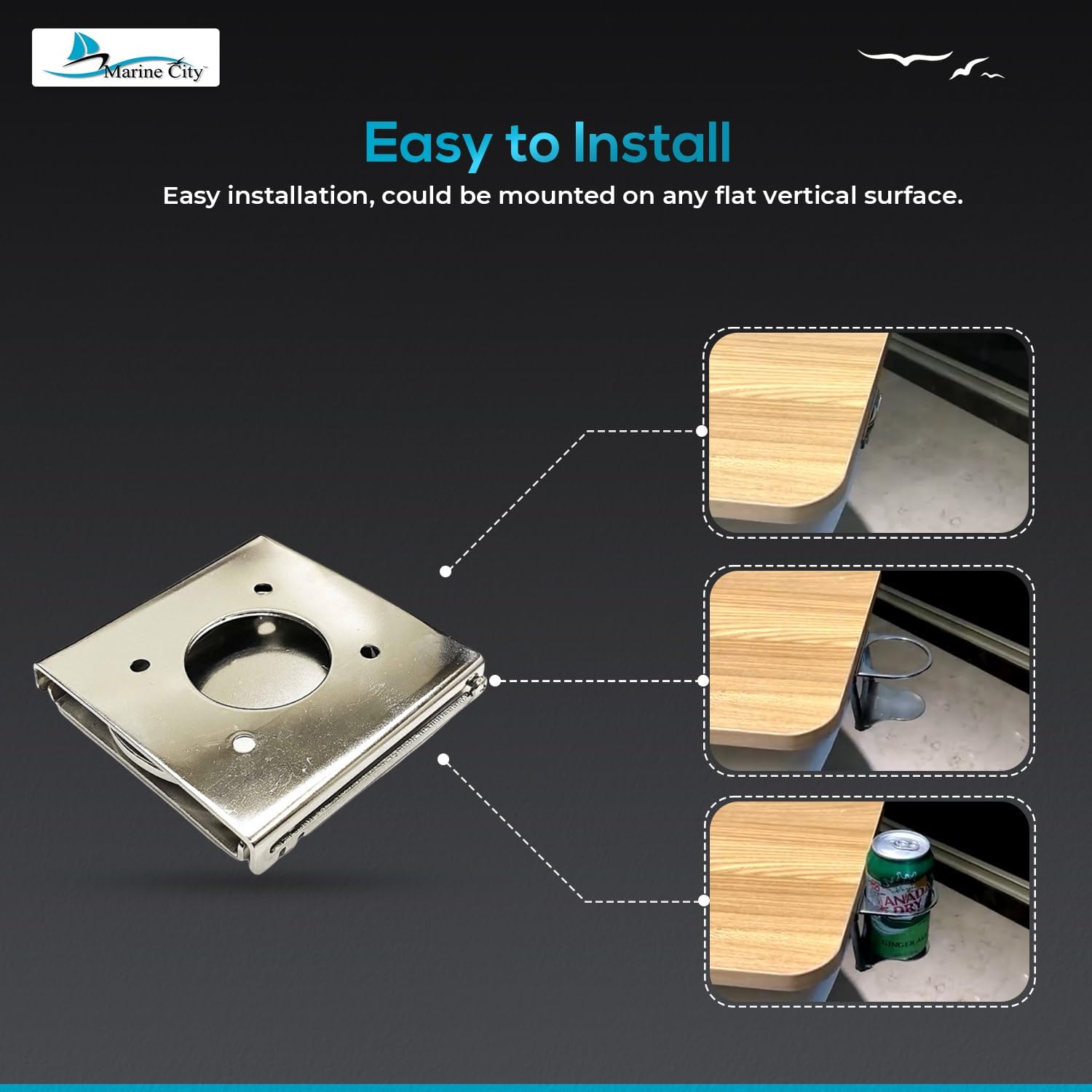 MARINE CITY Adjustable Folding Drink Cup Holder, 304 Grade Stainless Steel, Corrosion-Resistant, 3.39" W x 3.26" L x 0.59" H, Space-Saving Design, Ideal for Boats, RVs, and Cars (Pack of 1)